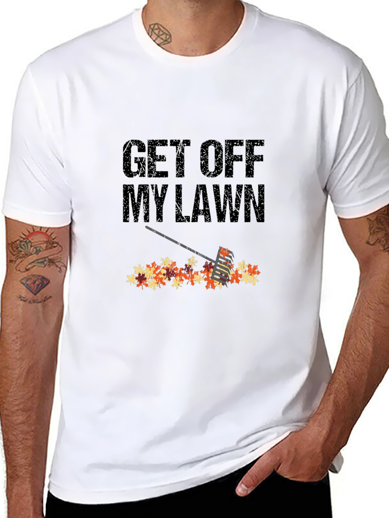 Black Get Off My Lawn Fall Leaves Rake T-Shirt view 8