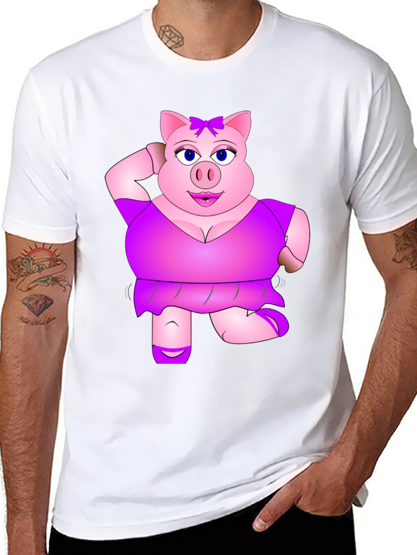 Black Funny Pig Lady Black T-Shirt Novelty Graphic Tee view 8