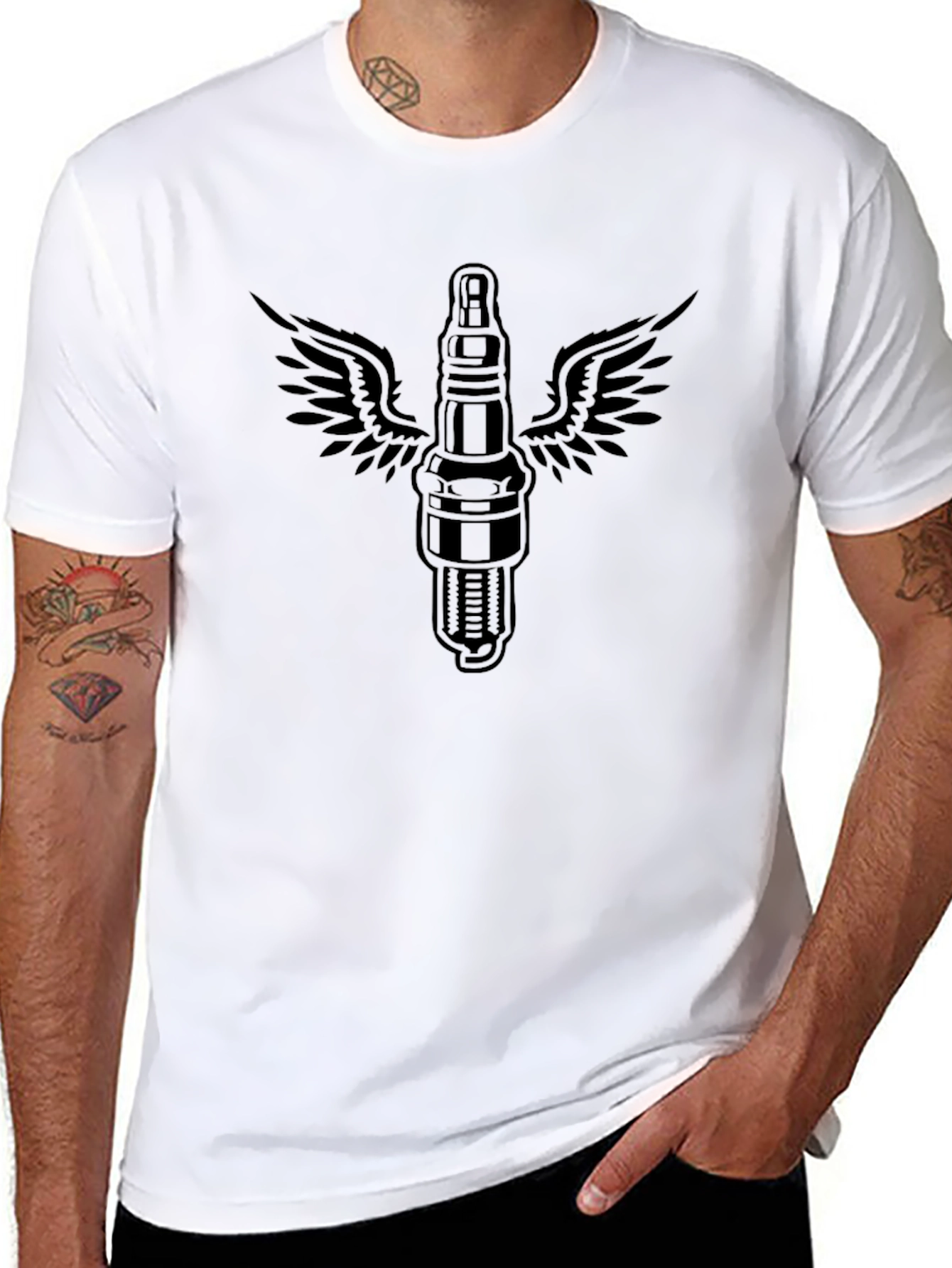 Black Men's Black T-Shirt with Flying Spark Plug Graphic view 8