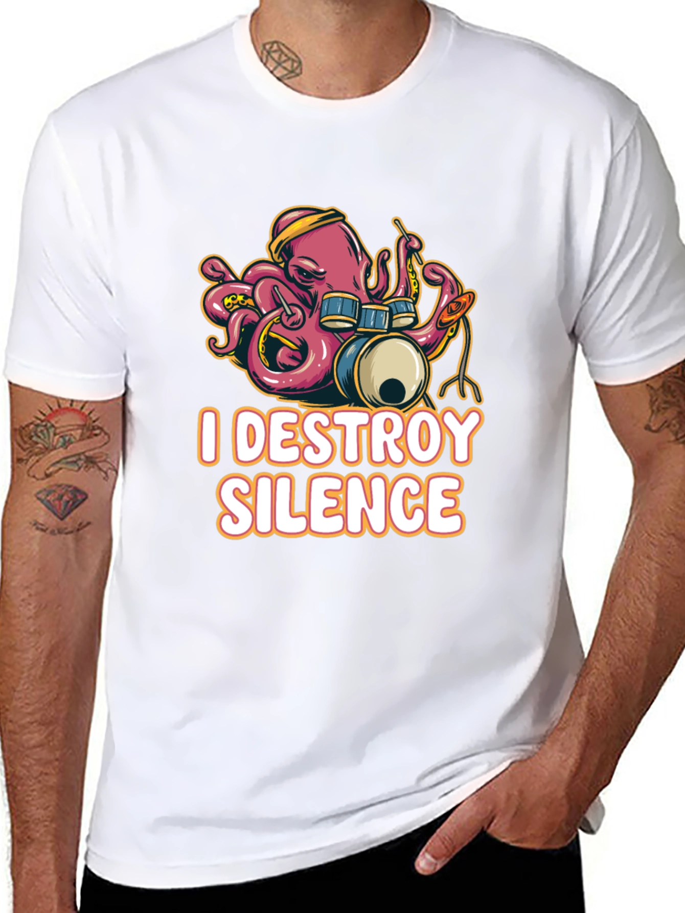 Black I Destroy Silence Octopus Drummer Black T-shirt view 8