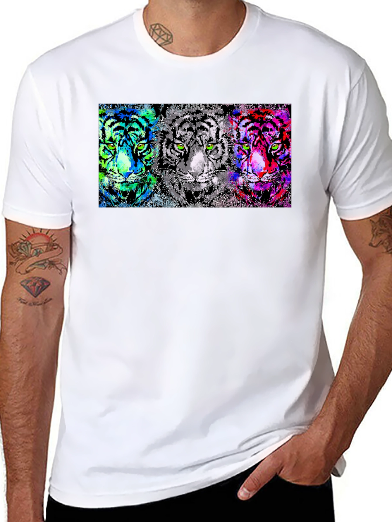 Black Vibrant Tiger Trio Graphic Tee - Unique Pop Art Design view 8