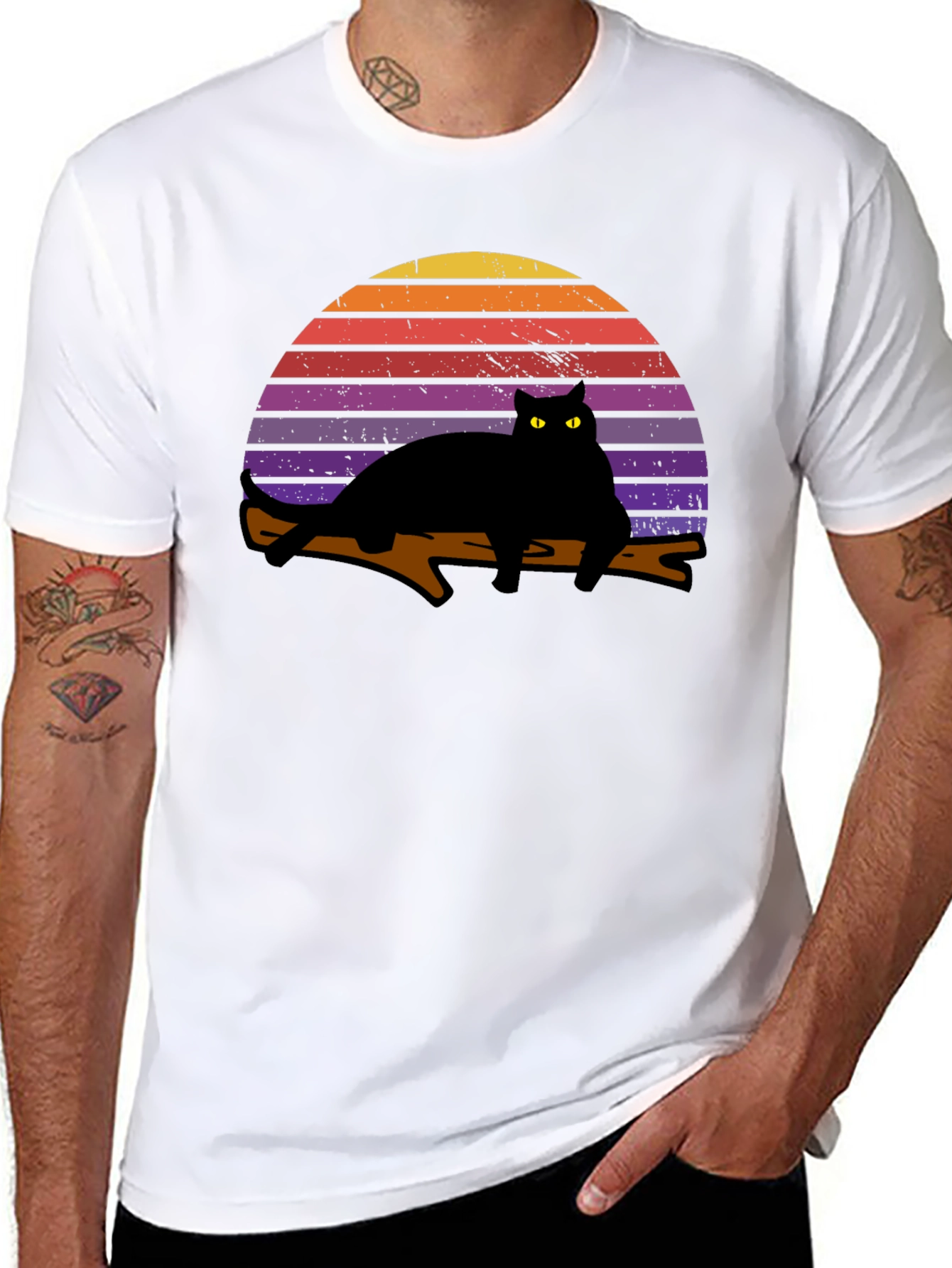 Black Retro Cat Sunset Graphic T-Shirt - Black view 8