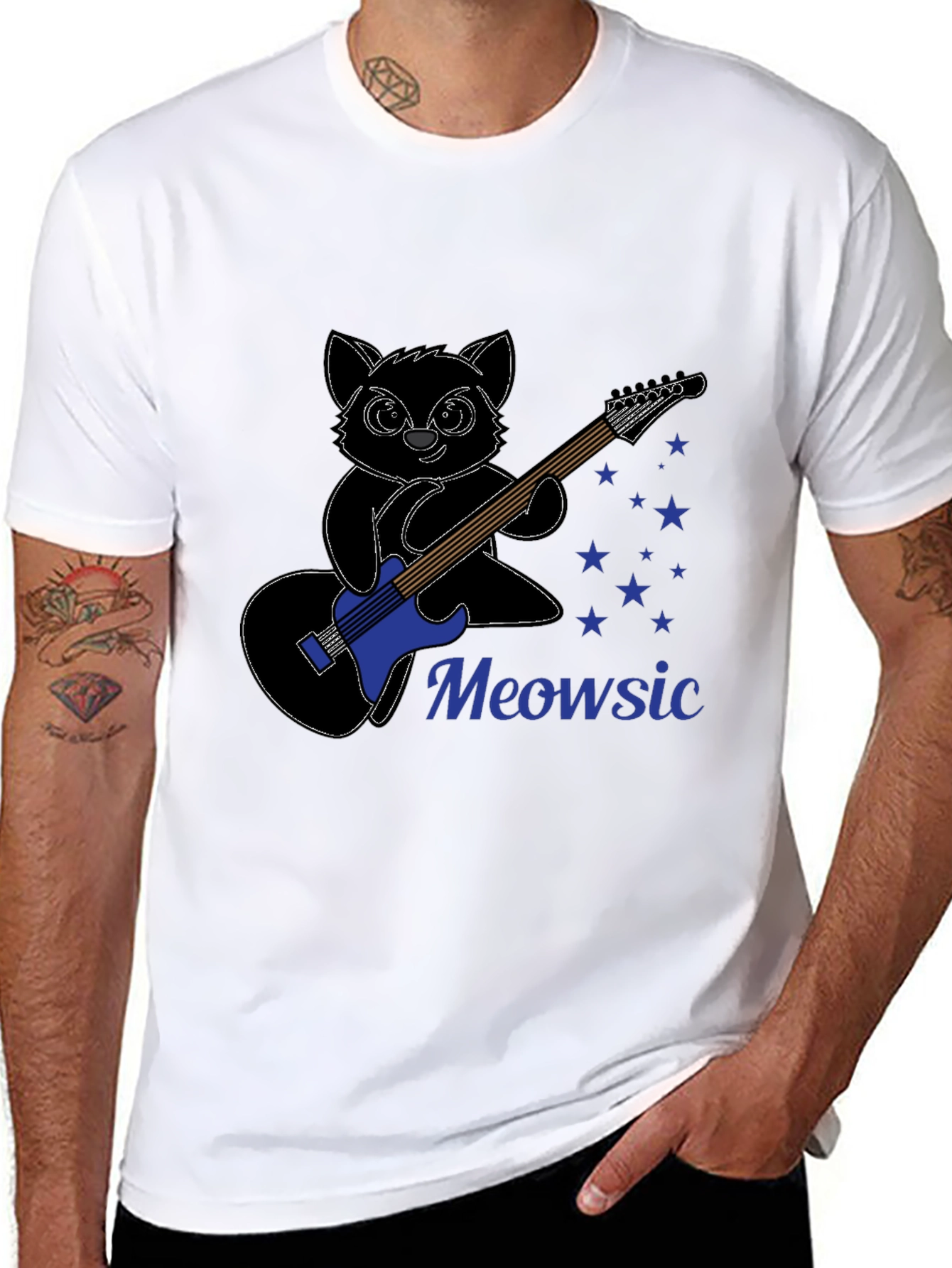 Black Meowsic T-Shirt: Cat Playing Guitar view 8