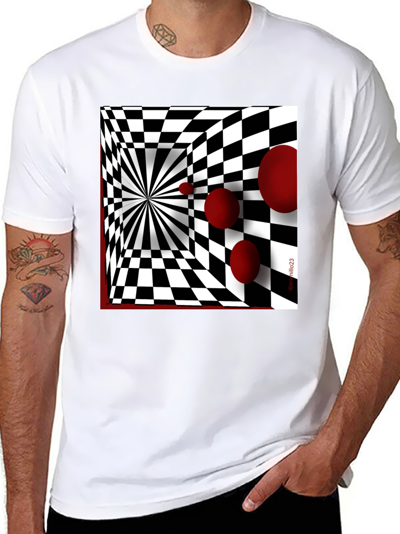Black Optical Illusion Red Orb Black T-Shirt view 8