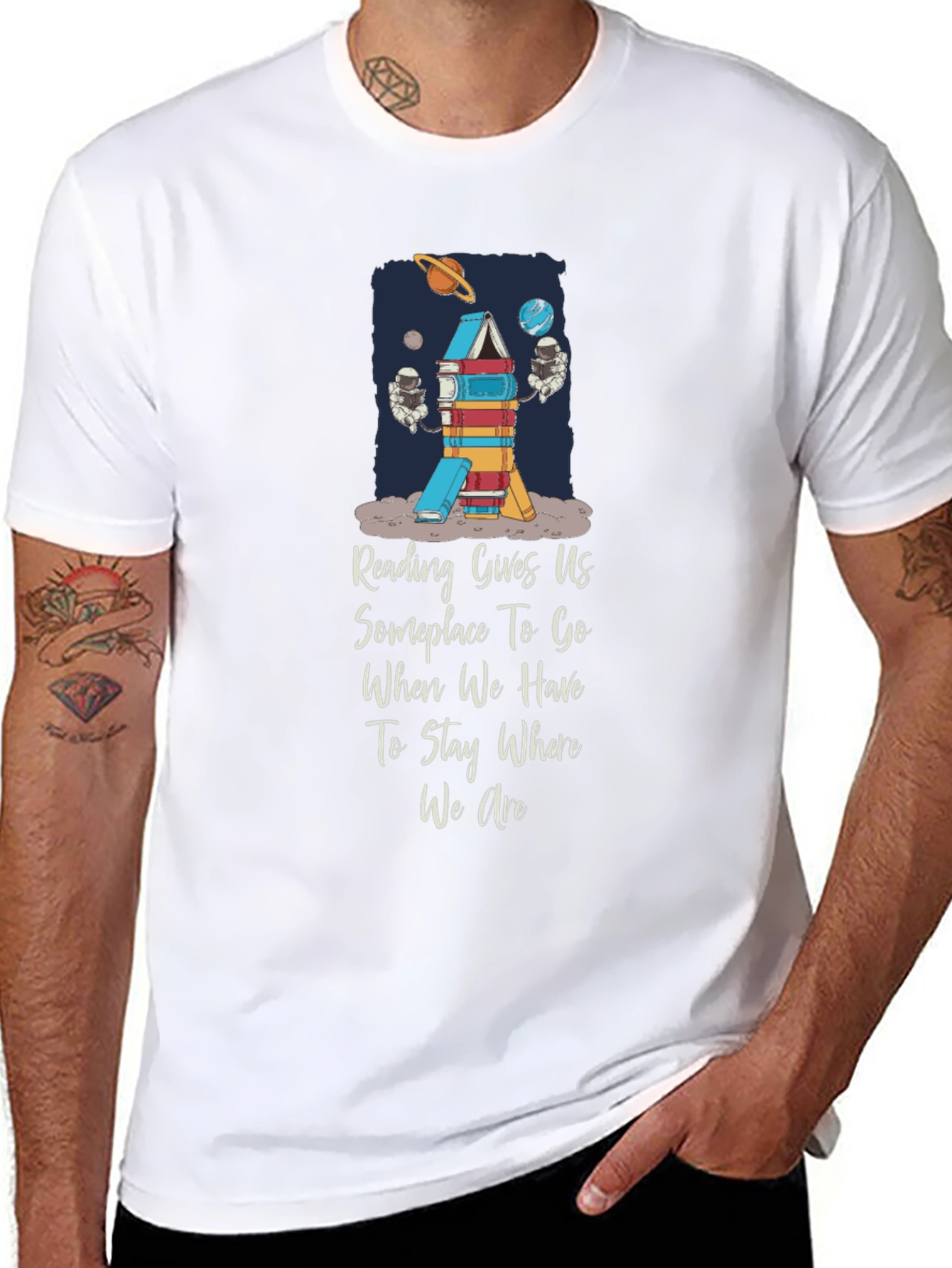 Black Reading Rocket T-Shirt - Space & Books view 8