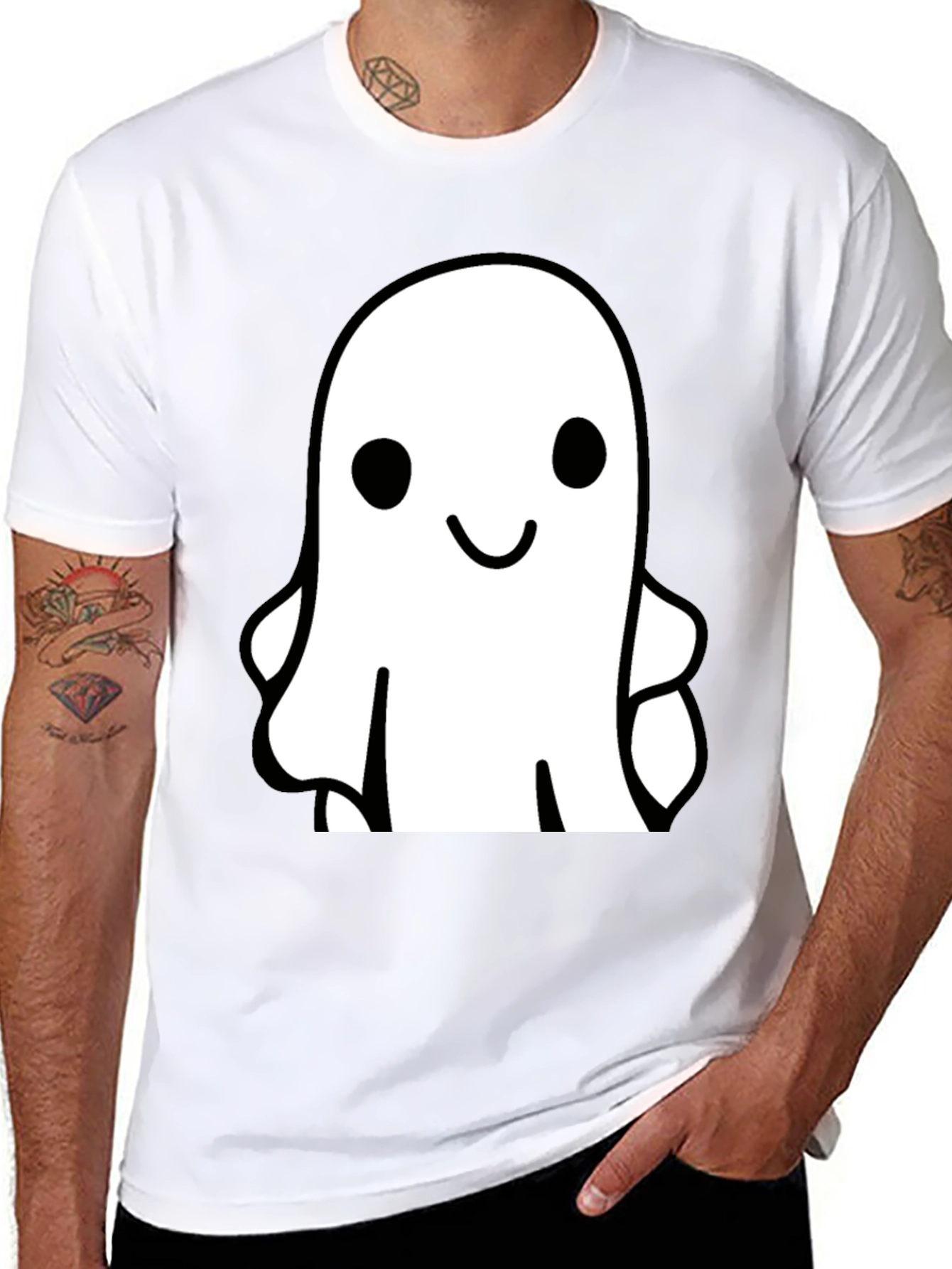 Black Cute Ghost Graphic Tee - Black Cotton T-Shirt view 8