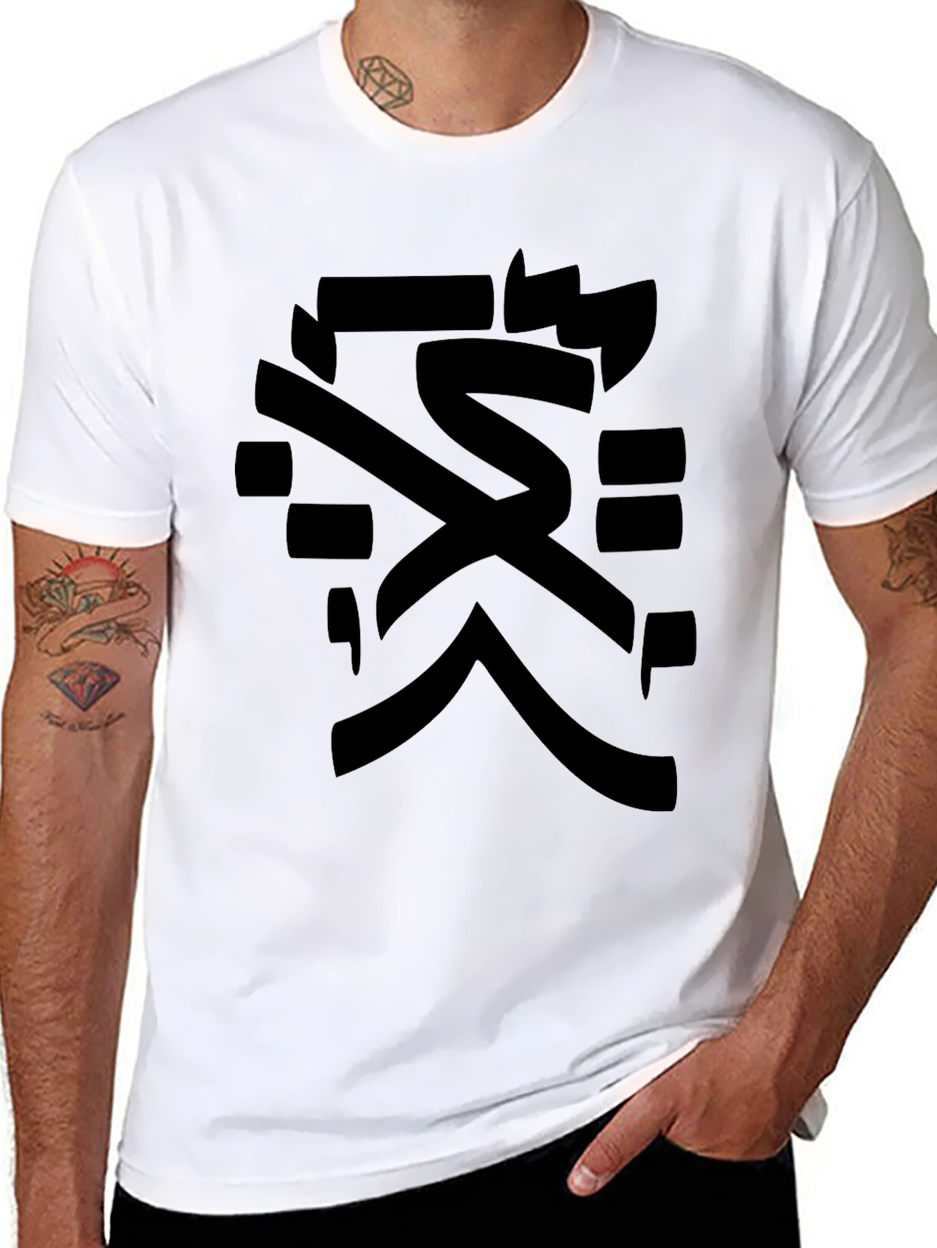 Black Men's Black T-Shirt with Japanese Symbol Graphic Print view 8