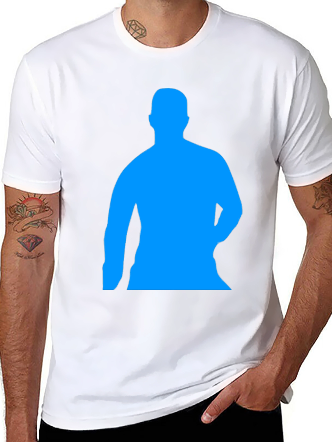 Black Men's Black T-Shirt with Blue Silhouette Print view 8
