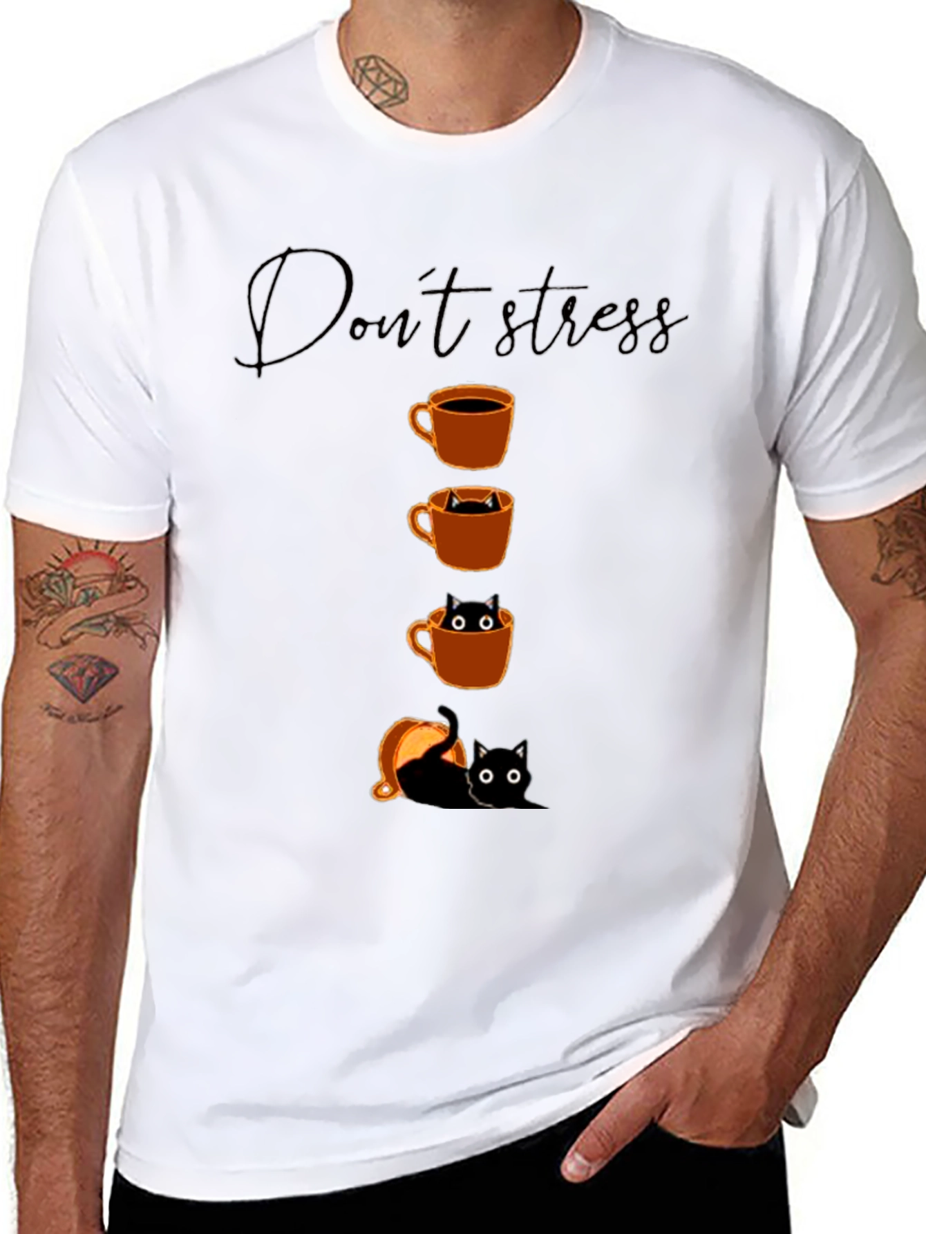 Black Don't Stress Coffee Cat T-Shirt view 8