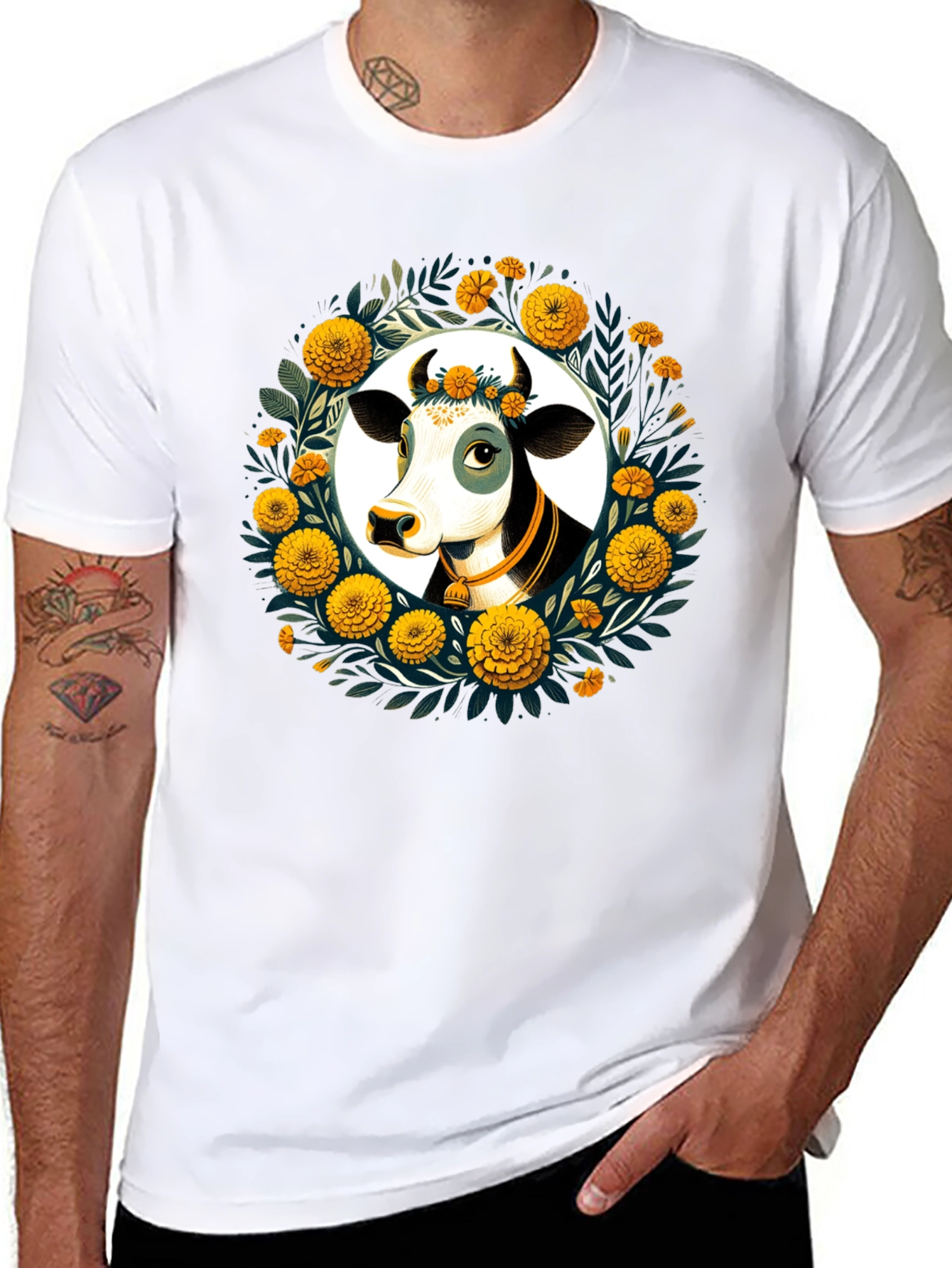 Black Floral Cow Graphic Tee - Black Unisex T-Shirt view 8