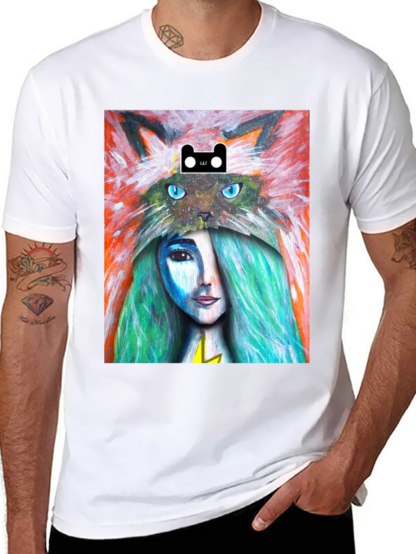 Black Artistic T-Shirt with Cat and Woman Design view 8