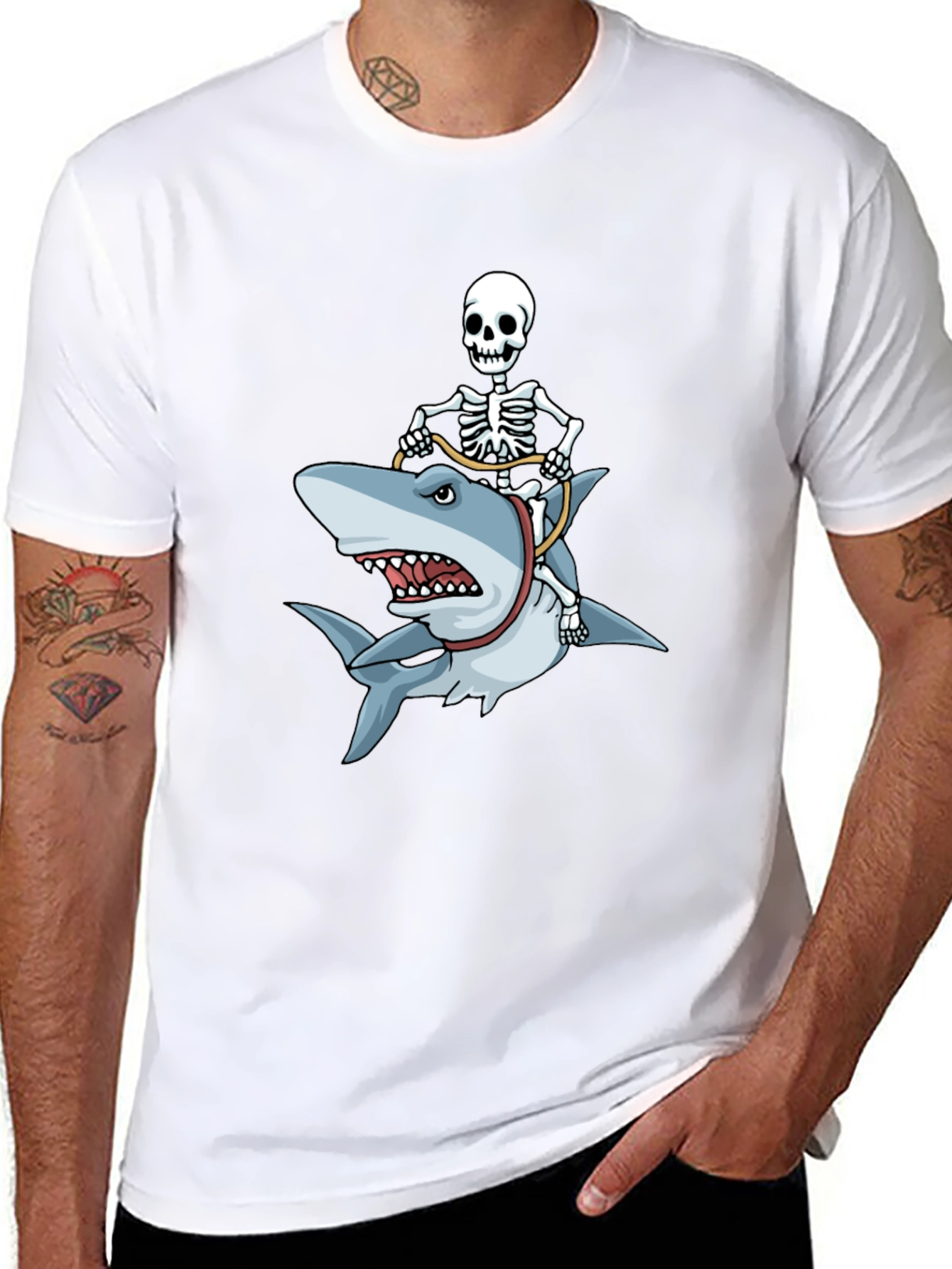 Black Skeleton Riding Shark Graphic T-Shirt view 8