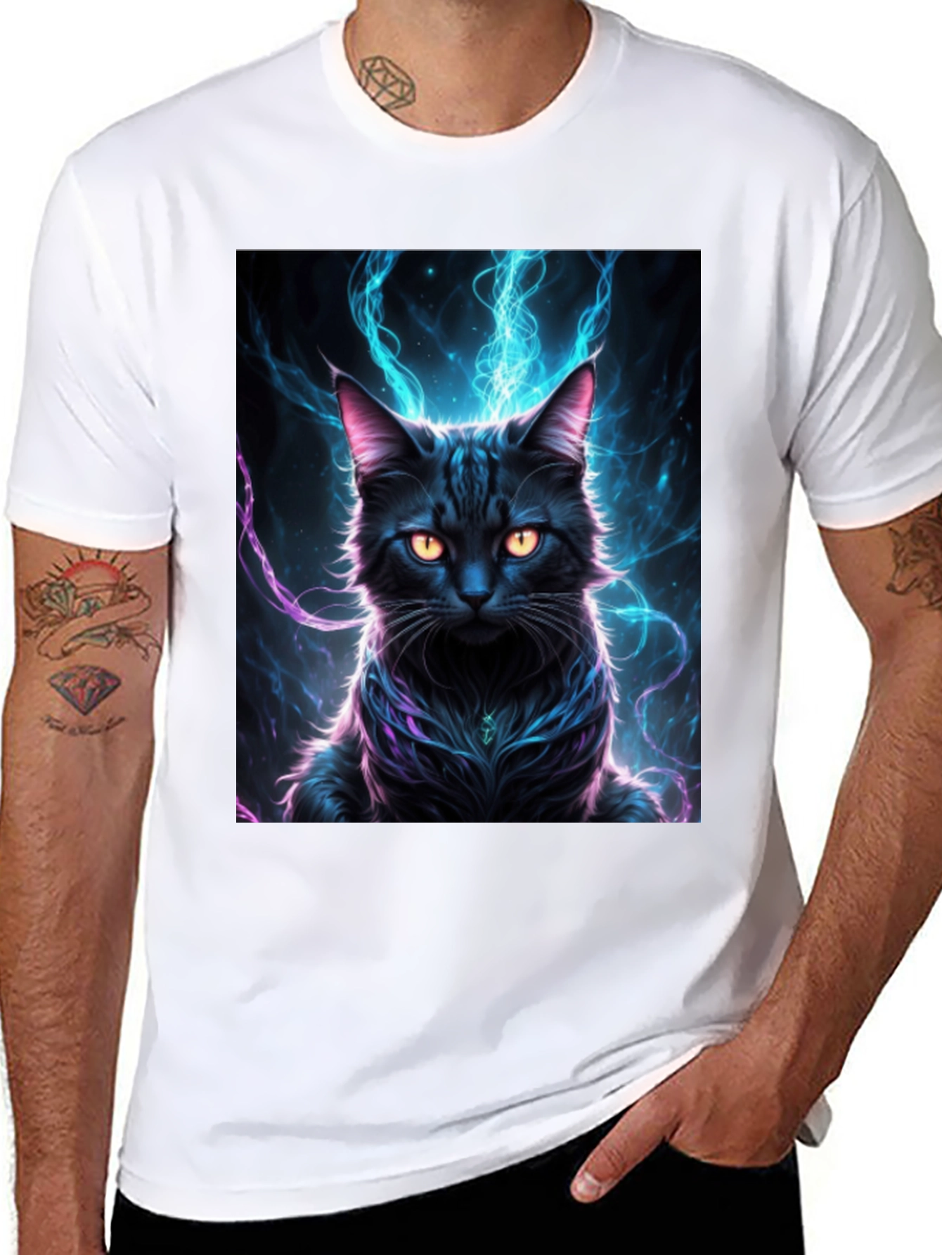 Mystic Feline T-Shirt: Black Cat with Electric Aura Design - 8