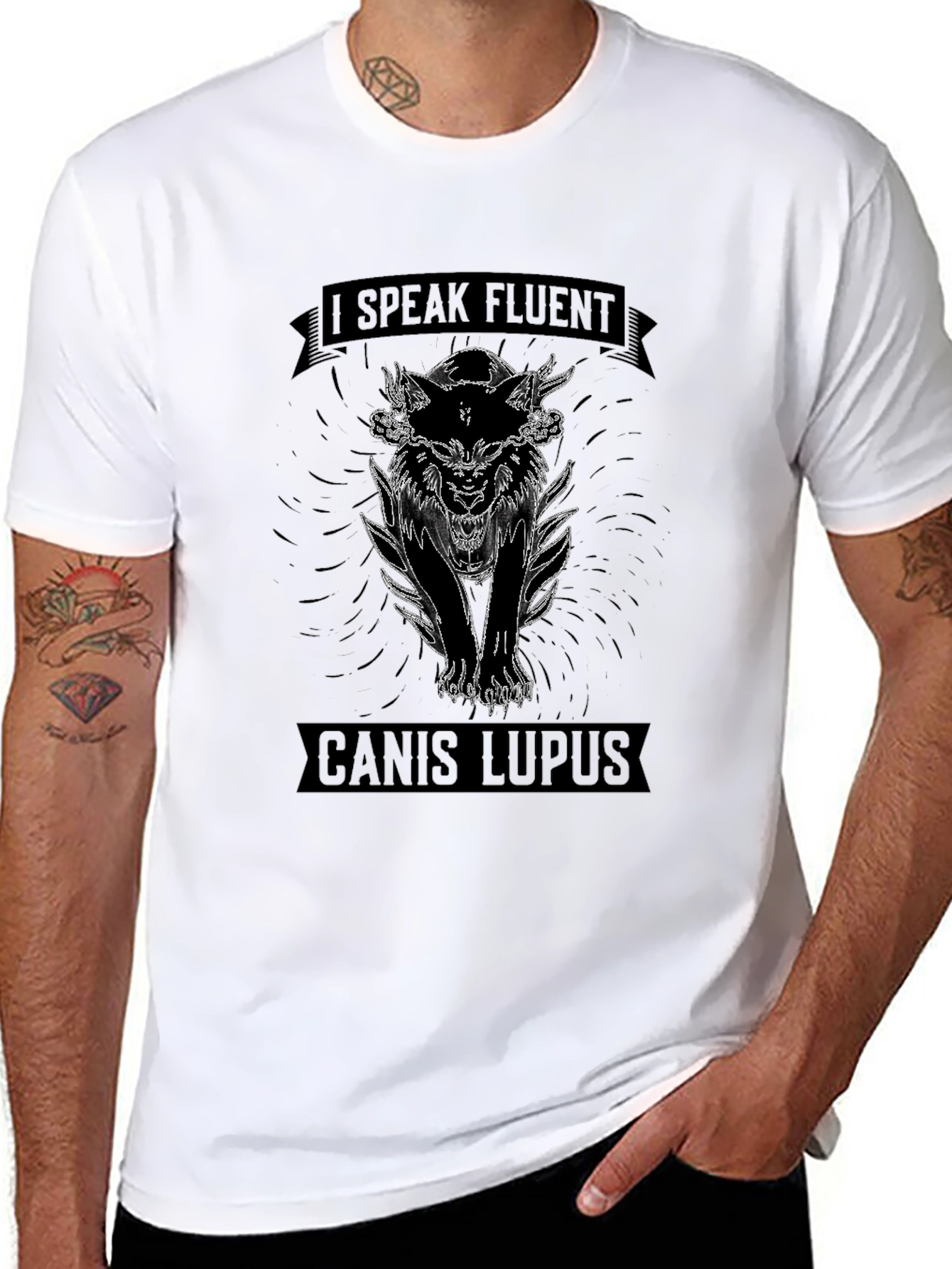 Black I Speak Fluent Canis Lupus T-Shirt - Graphic Wolf Design view 8