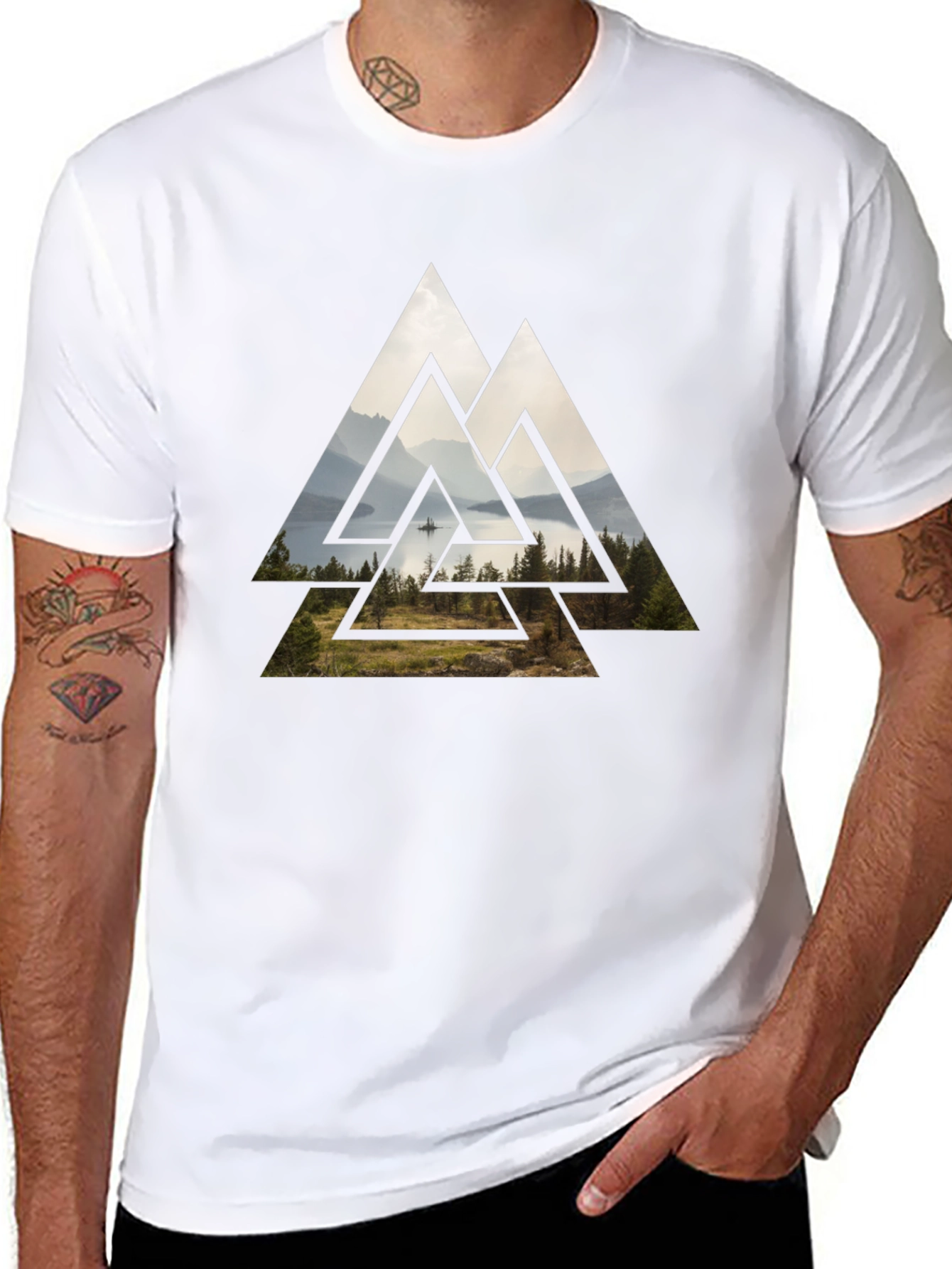 Black Geometric Landscape Graphic Tee - Black Cotton Blend view 8