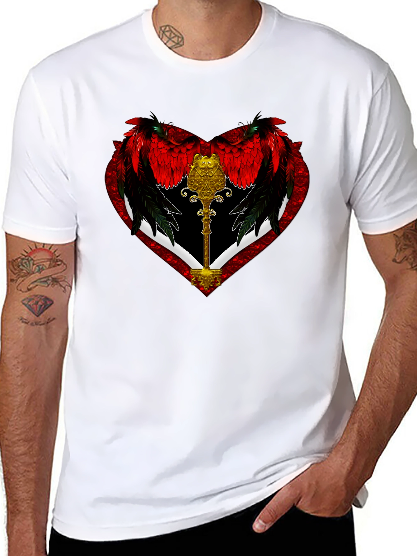 Black Winged Heart Key Graphic Black T-Shirt view 8