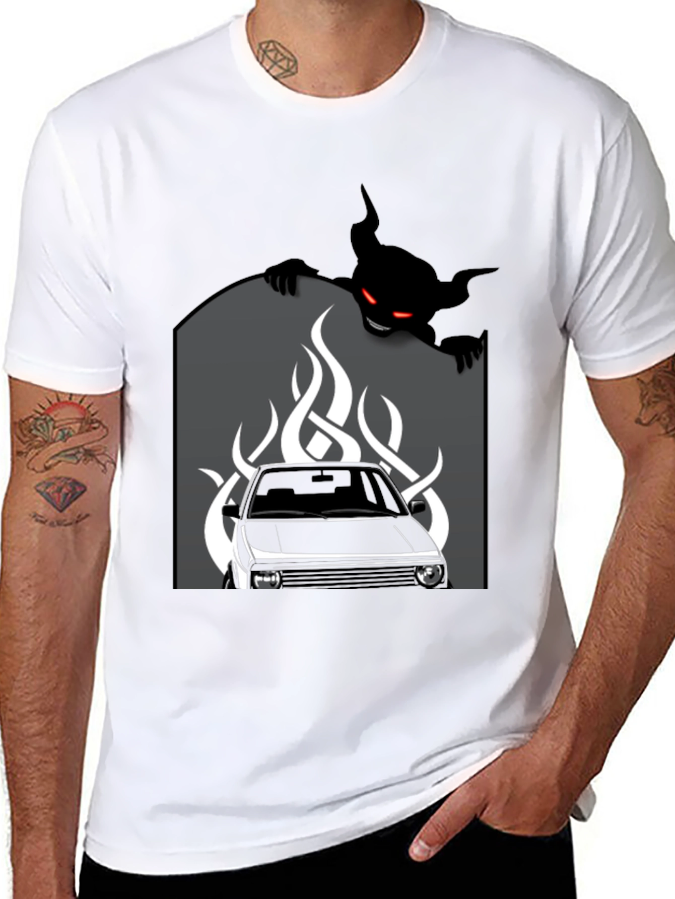 Black Men's Black Graphic Tee - Car and Devil Design view 8