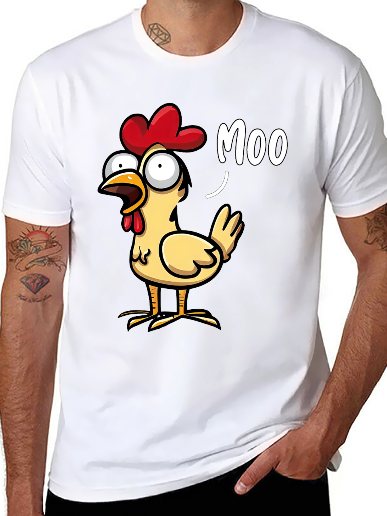 Black Funny Chicken Moo T-Shirt - Novelty Humor Tee view 8