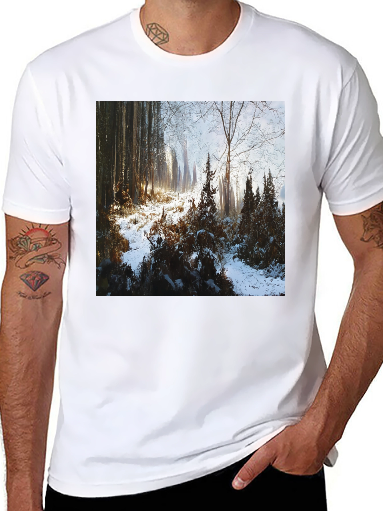 Black Winter Forest Scene T-Shirt view 8