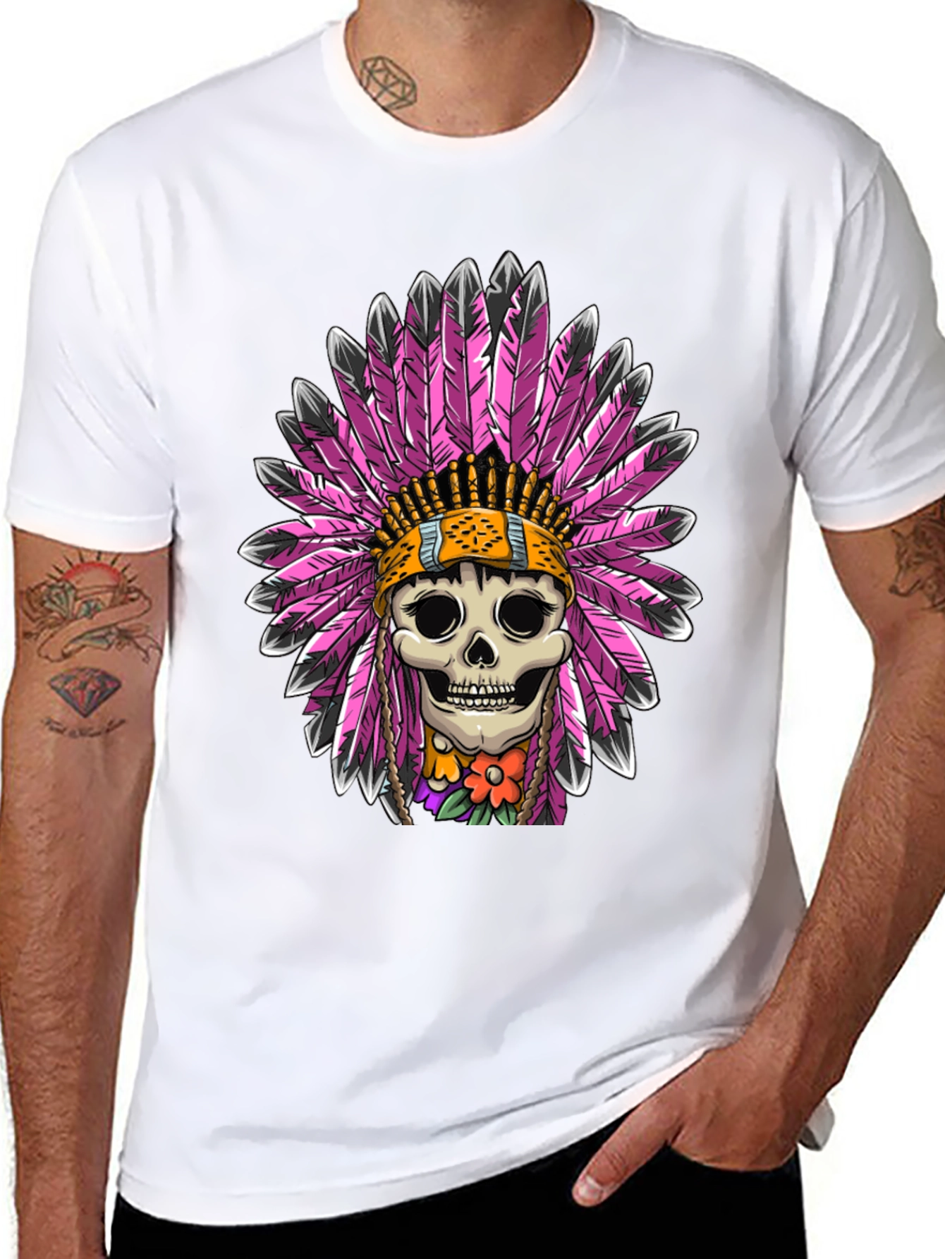 Black Skull Chief Feather Headdress T-Shirt view 8