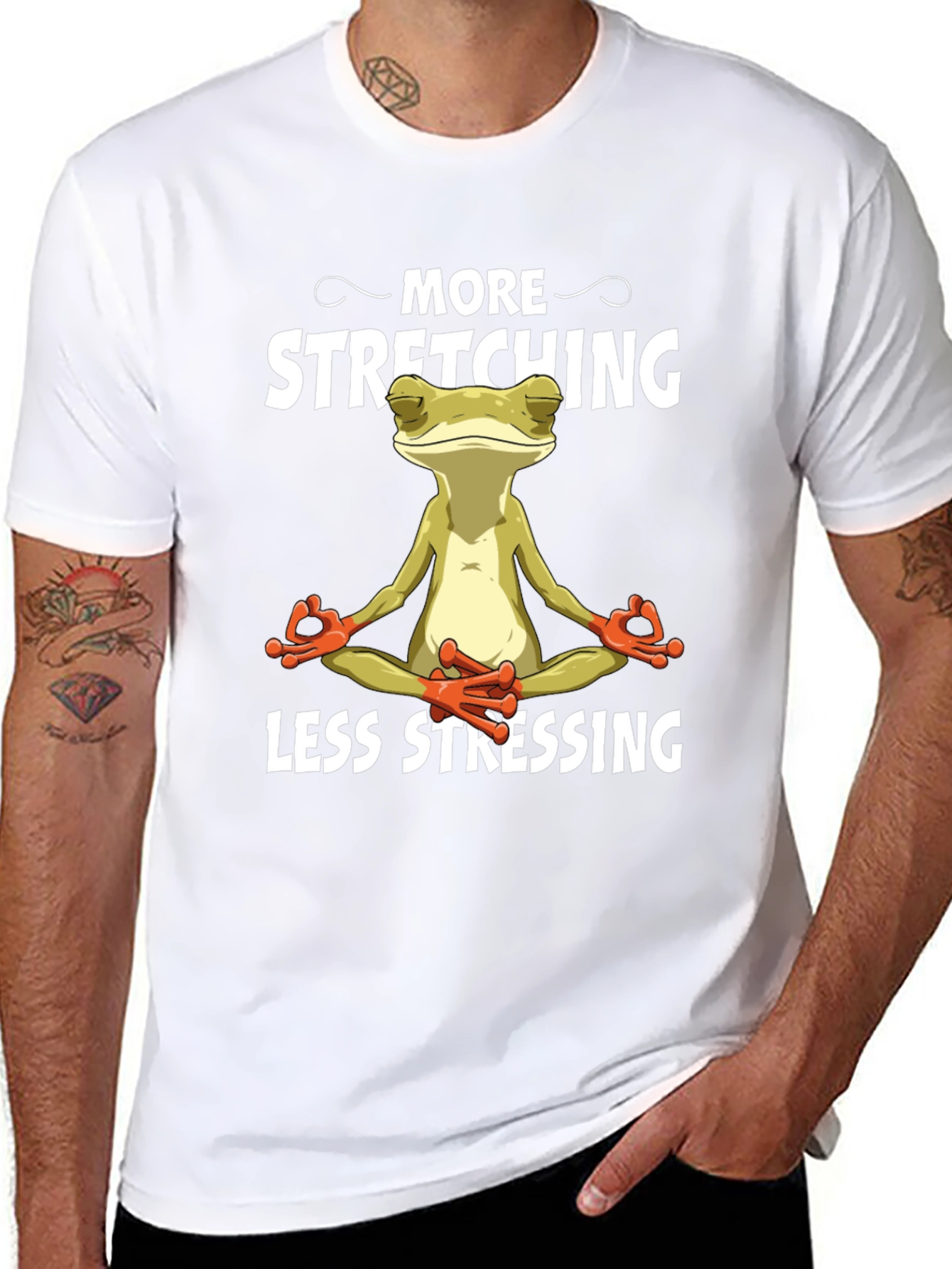 Meditating Frog T-Shirt: More Stretching, Less Stressing - 8