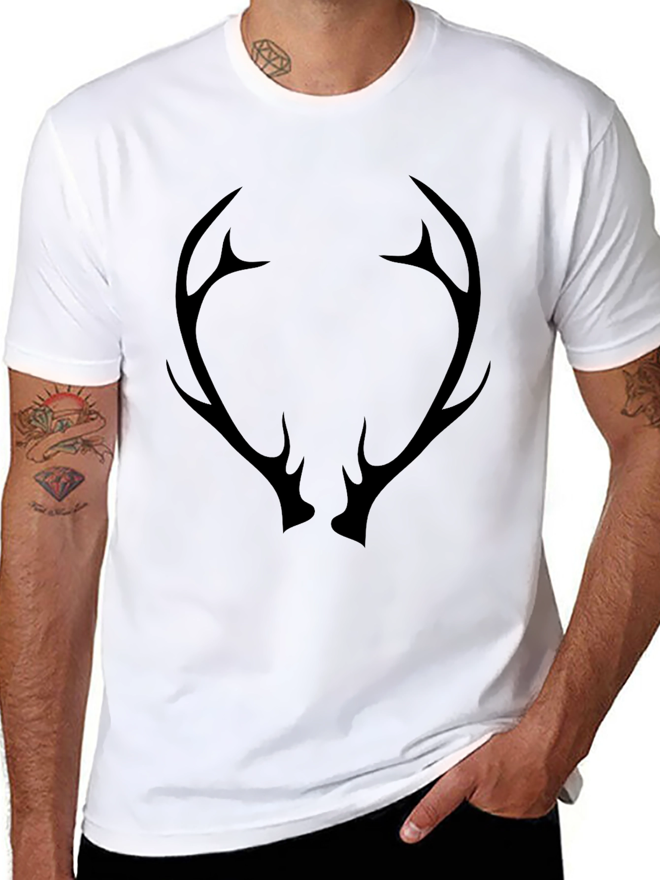 Black Men's Black T-Shirt with Antler Graphic view 8