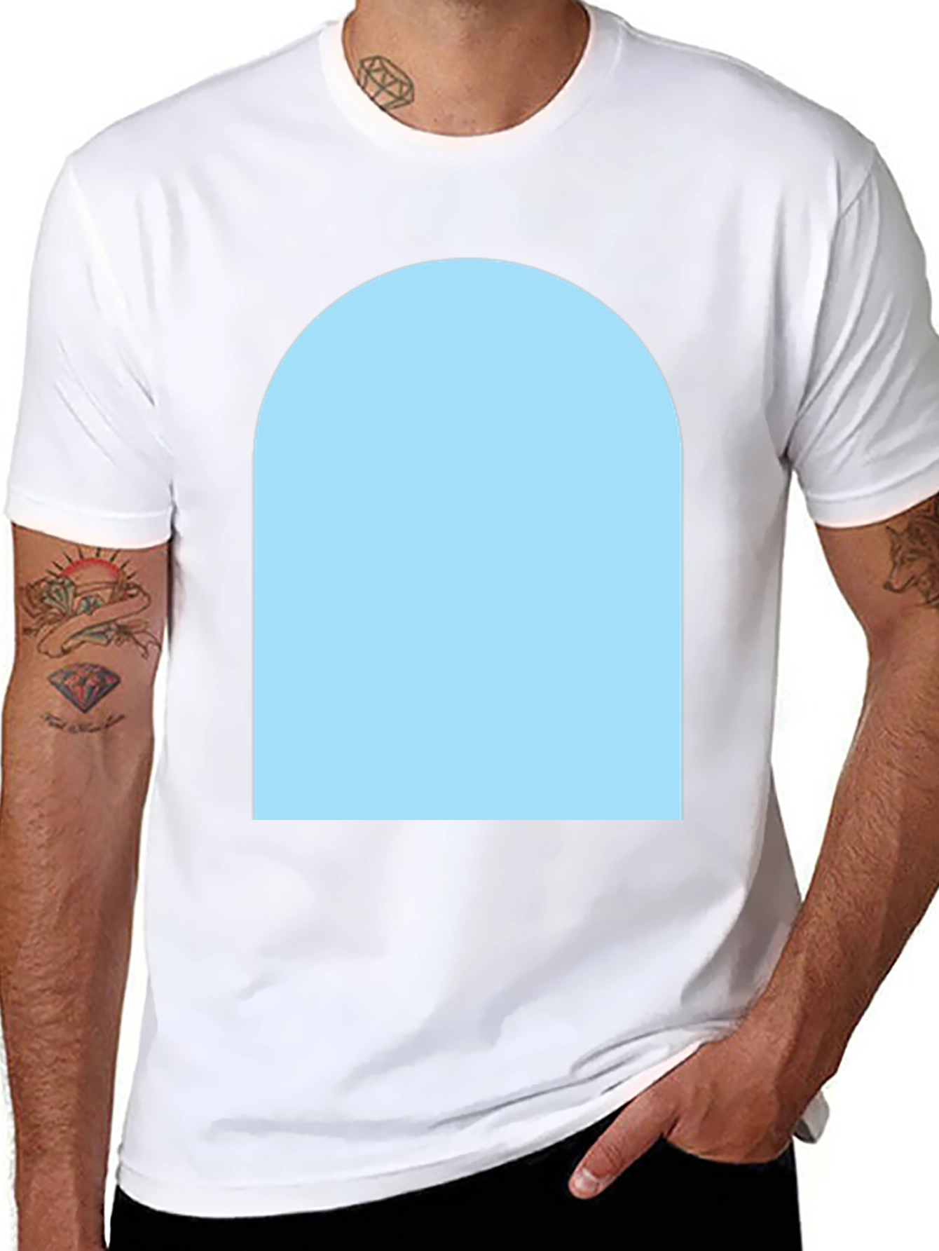 Black Black Crew Neck T-Shirt with Light Blue Arch Design view 8