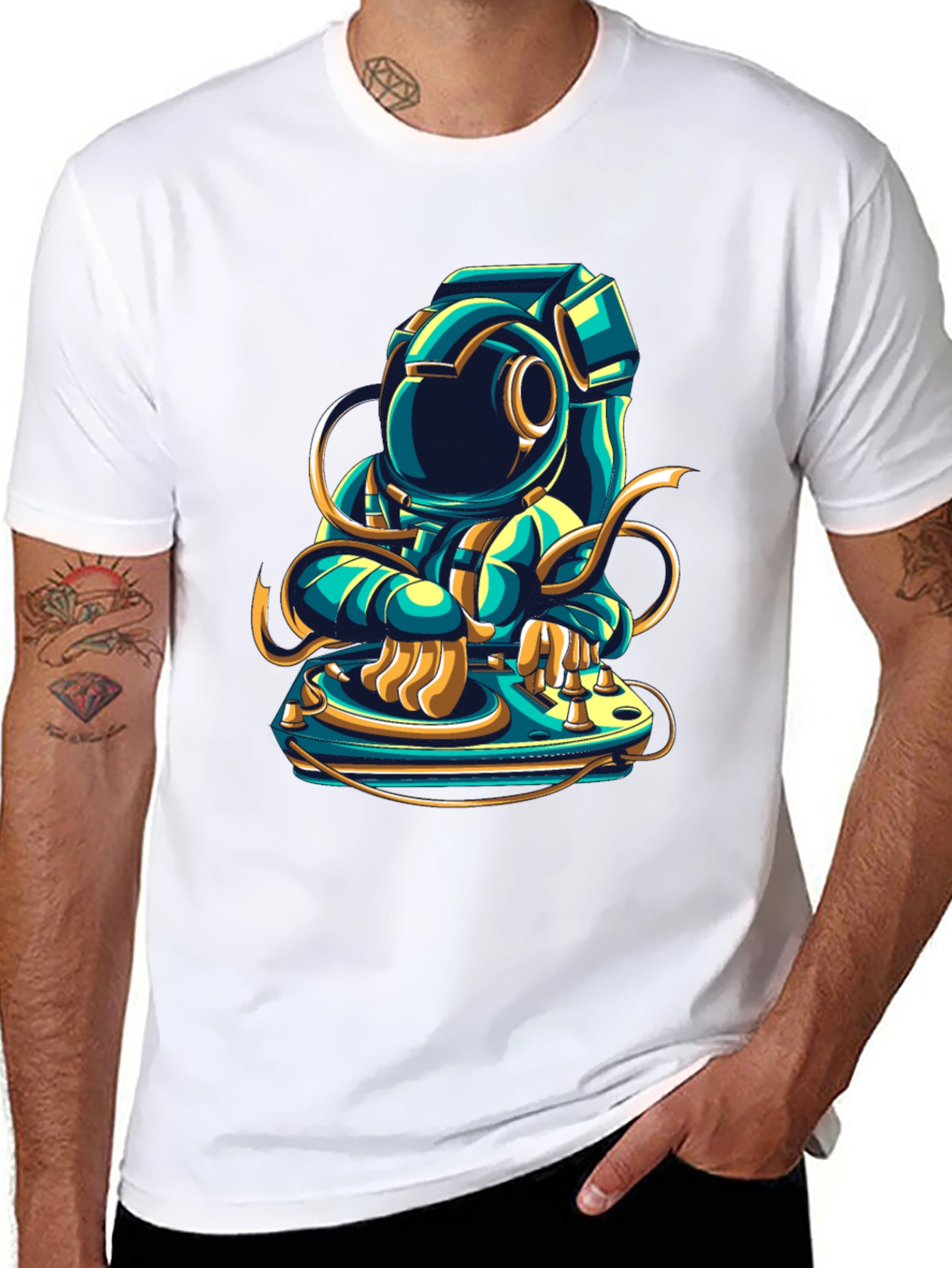 Black DJ Astronaut Graphic Tee - Cool Space Music Shirt view 8