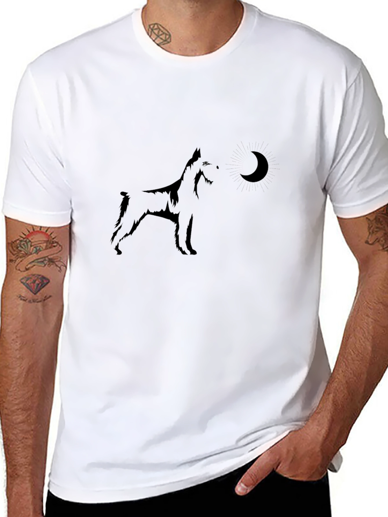 Black Black Dog Howling at Moon Graphic Tee view 8