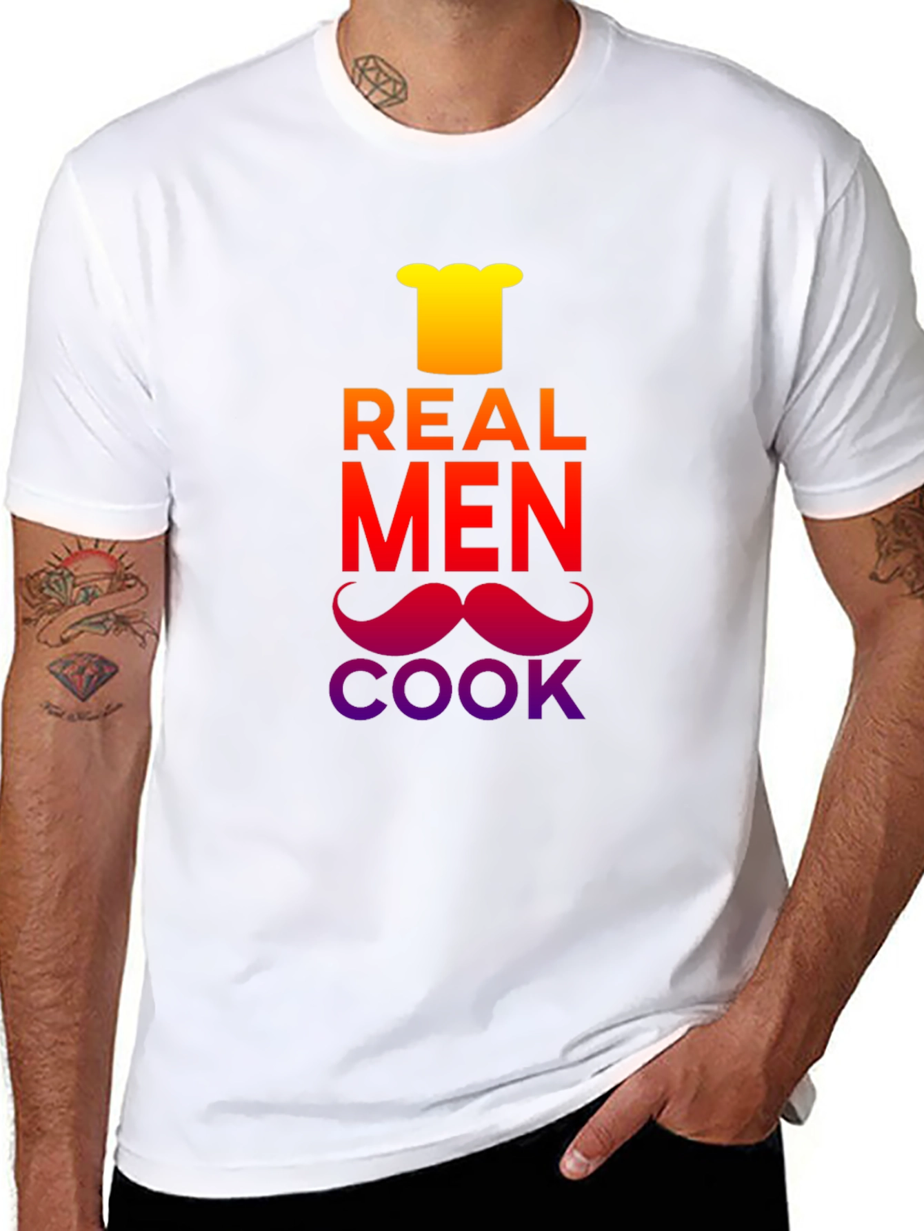 Black Real Men Cook T-Shirt - Chef's Hat & Moustache Design view 8