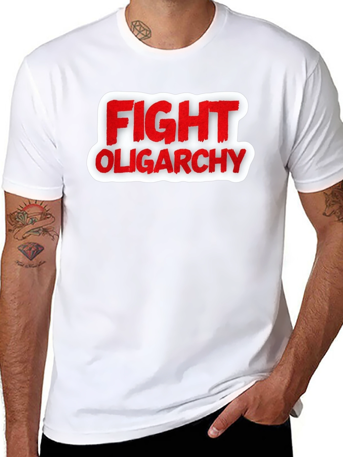 Black Fight Oligarchy T-Shirt - Red and White Graphic Tee view 8