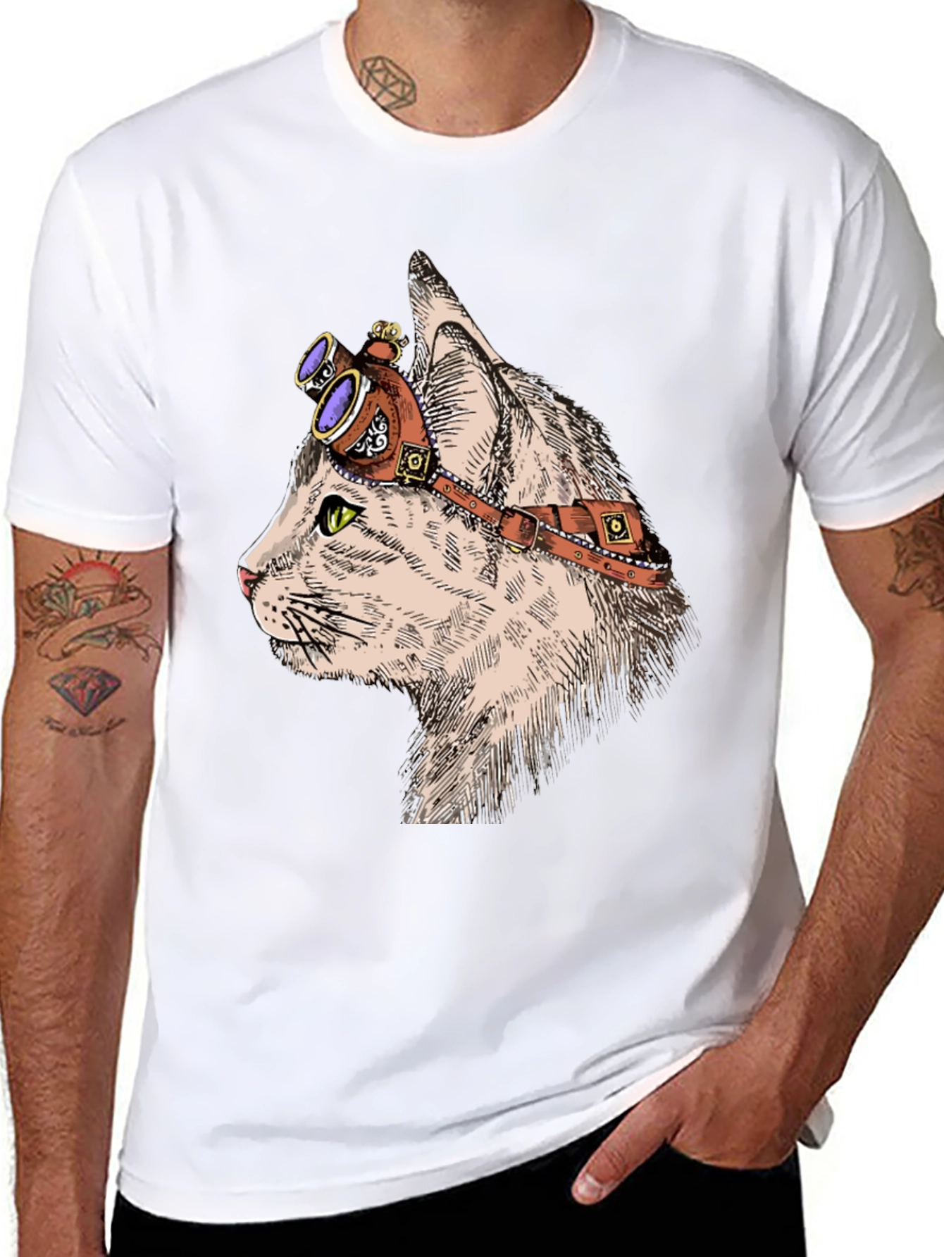 Black Steampunk Cat T-Shirt: Cool Feline with Goggles view 8