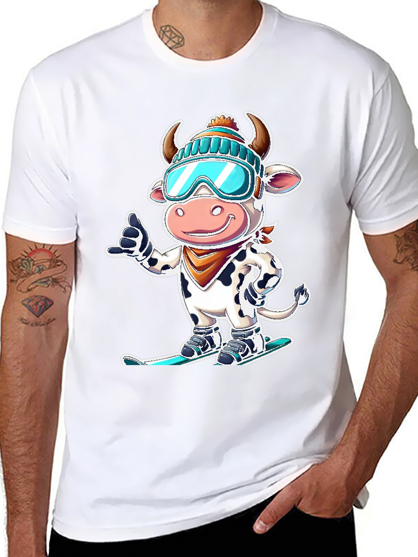 Black Skiing Cow Graphic Tee - Fun Winter T-Shirt view 8