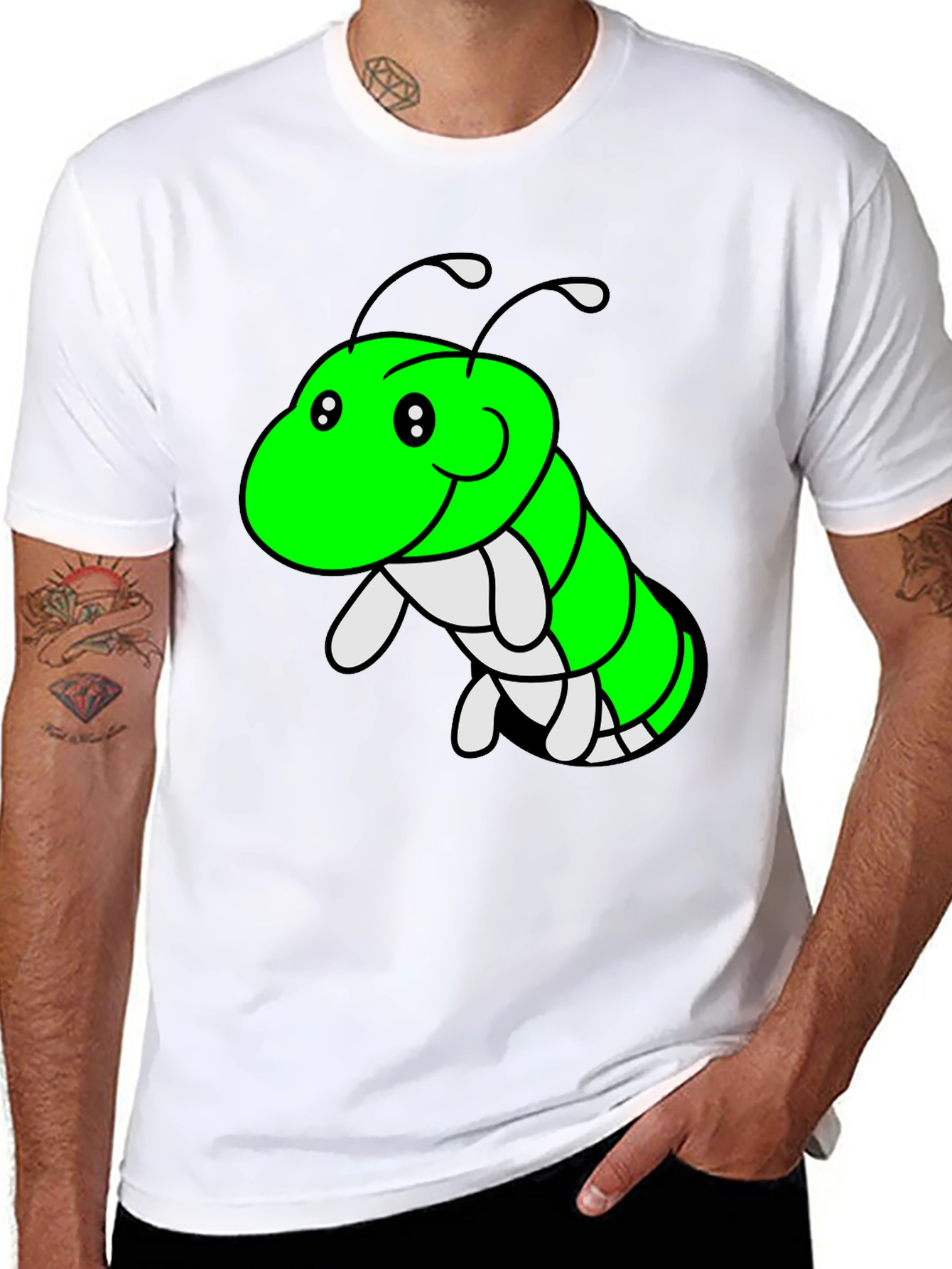 Black Cartoon Caterpillar Graphic Tee - Black Cotton T-Shirt view 8