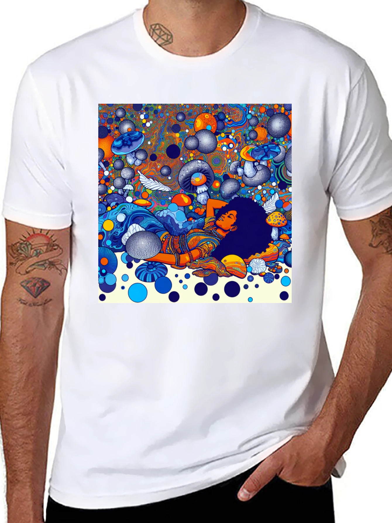 Black Psychedelic Dream T-Shirt - Colorful Mushroom Scene view 8