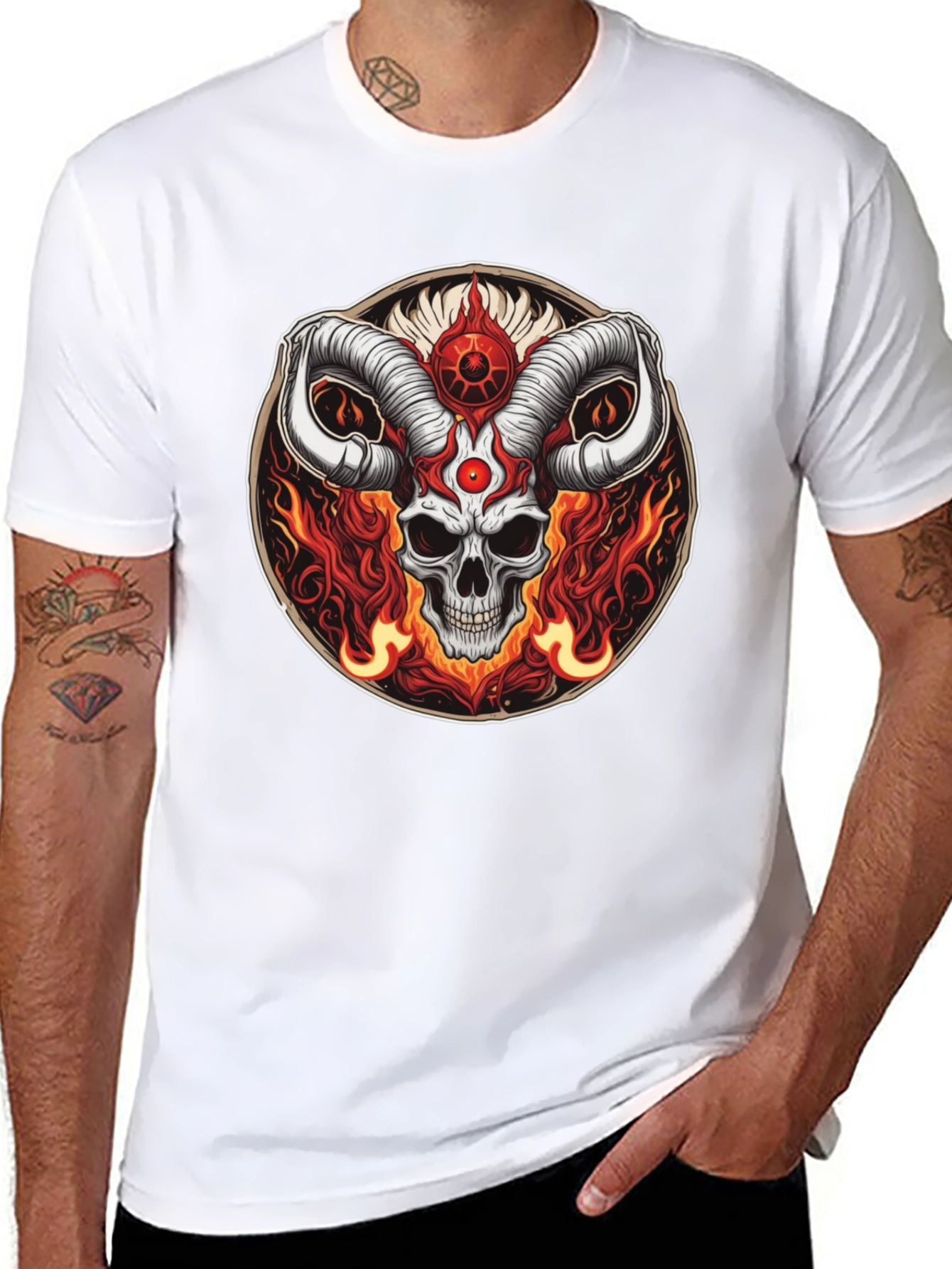 Black Skull Horns Fire Graphic Tee - Black Cotton Shirt view 8