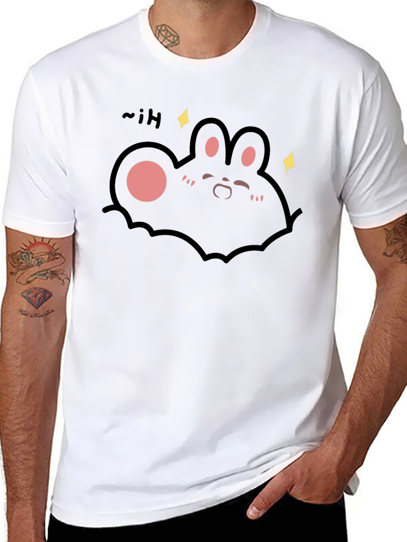 Black Cute Cartoon Bunny Black T-Shirt view 8