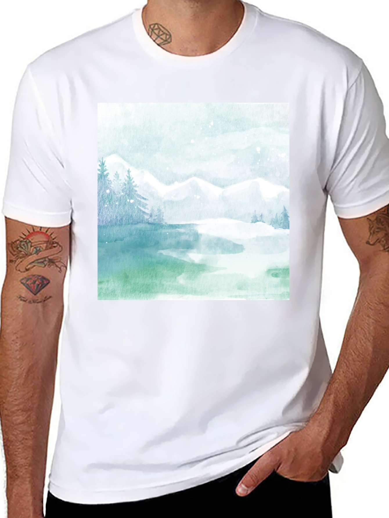 Black Watercolor Mountain Lake Graphic Tee view 8