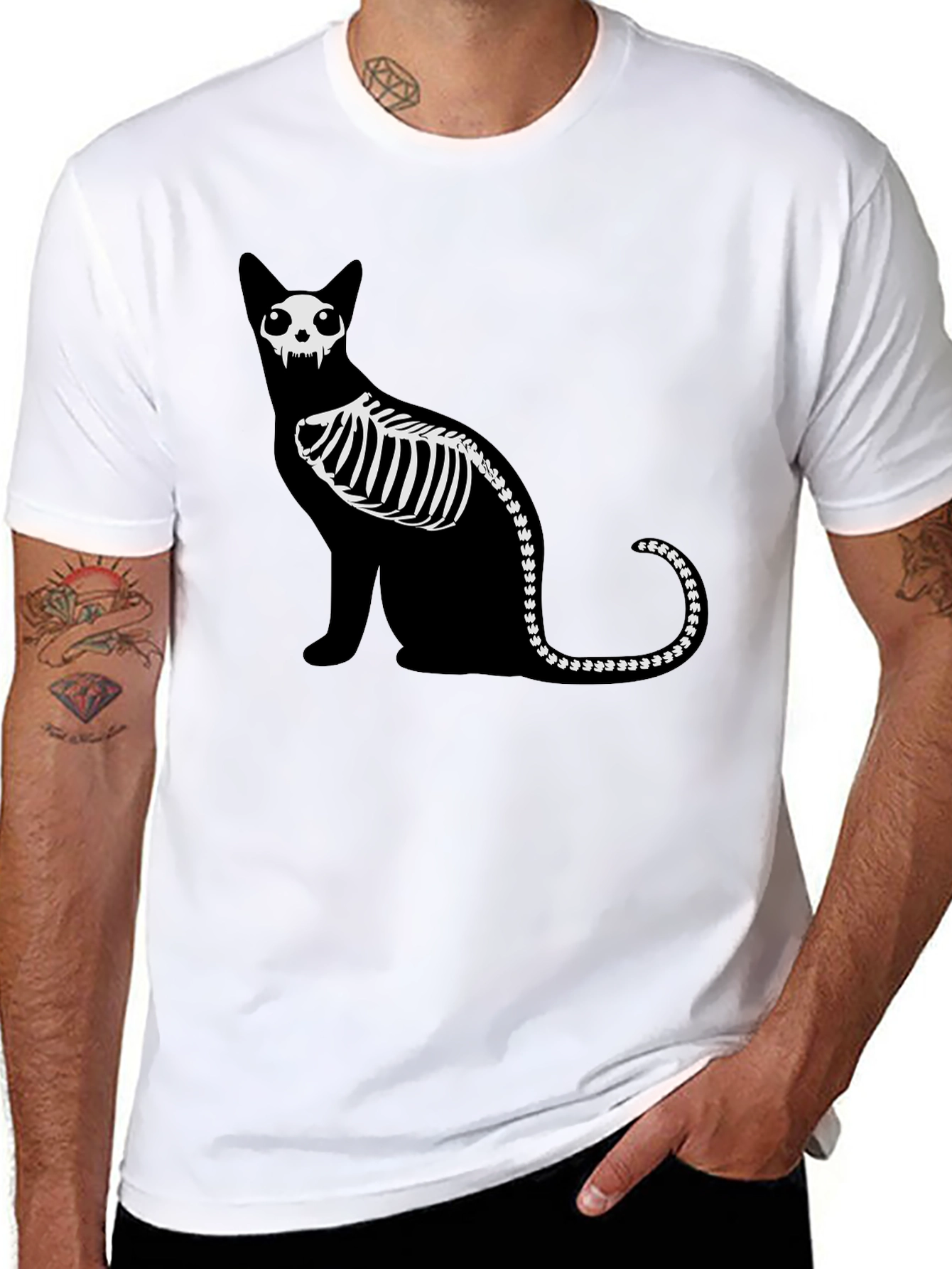 Black Skeleton Cat Graphic Tee - Black Cotton Shirt view 8