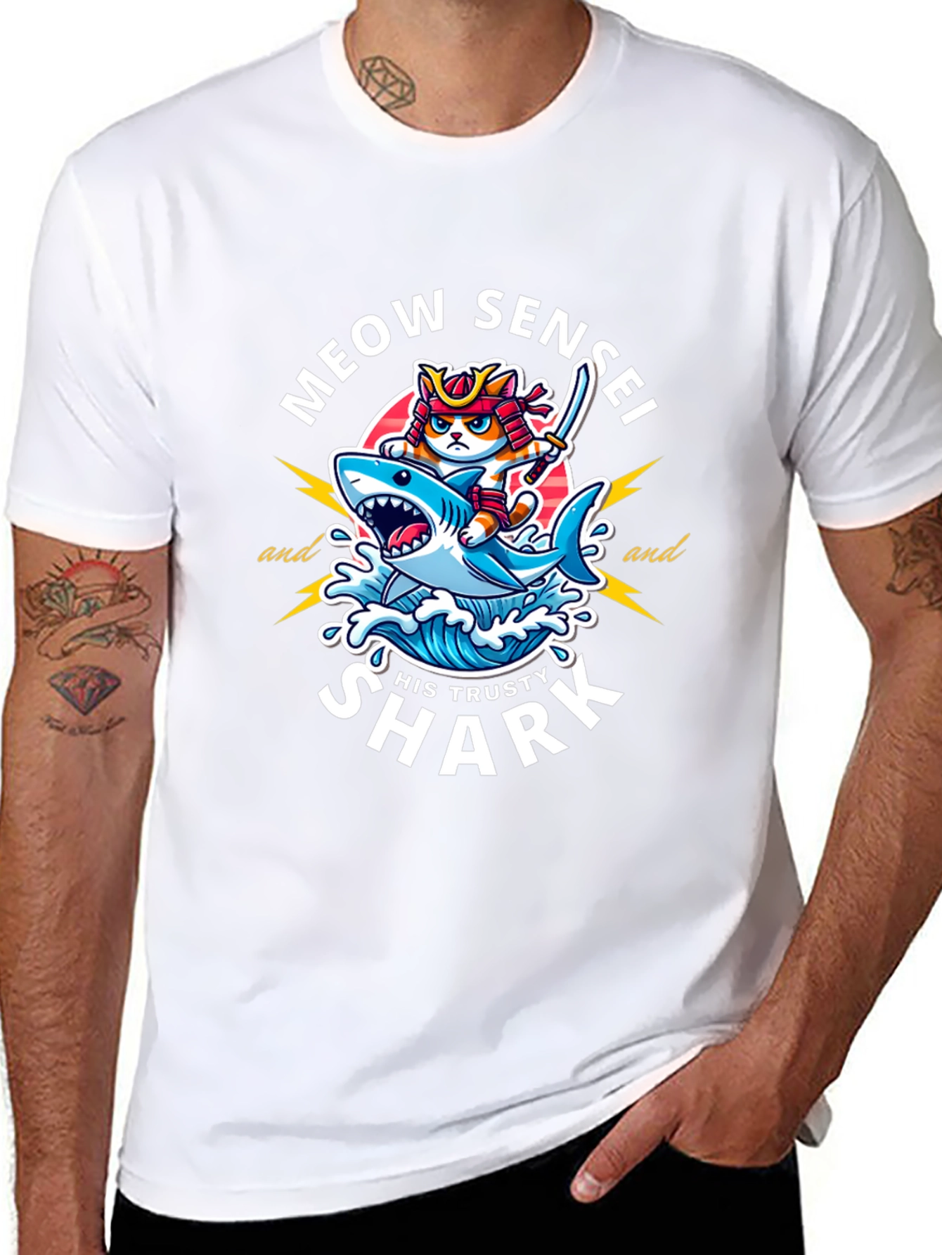 Black Meow Sensei & Shark T-Shirt - Fun Graphic Tee view 8