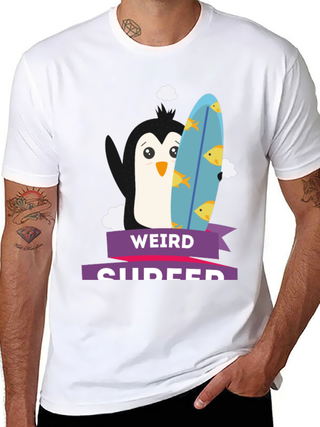 Black Weird Surfer Penguin Graphic Tee view 8