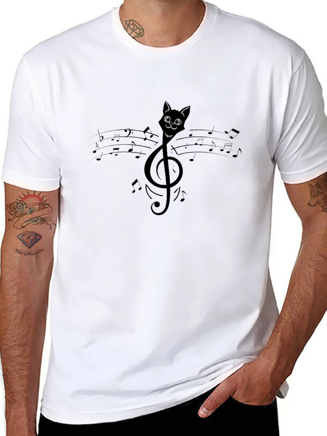 Black Musical Cat T-Shirt - Treble Clef Cat view 8