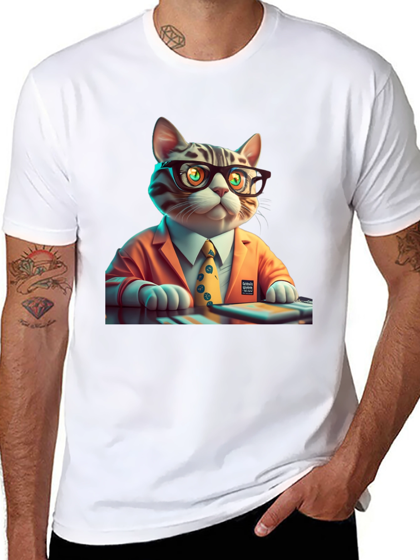 Black Cool Cat Businessman Graphic Tee view 8