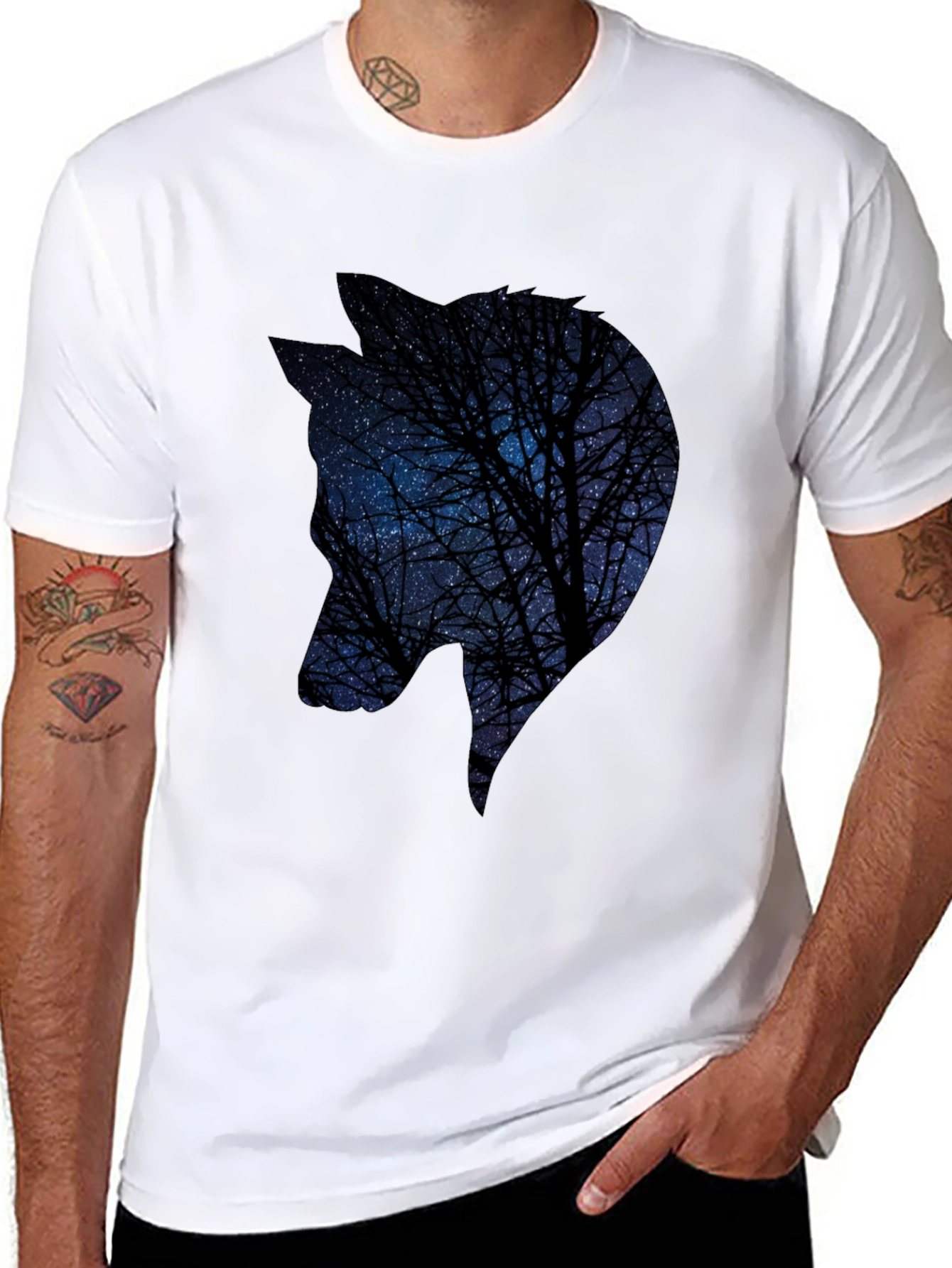 Black Night Sky Wolf Graphic Tee - Black Cotton Blend view 8