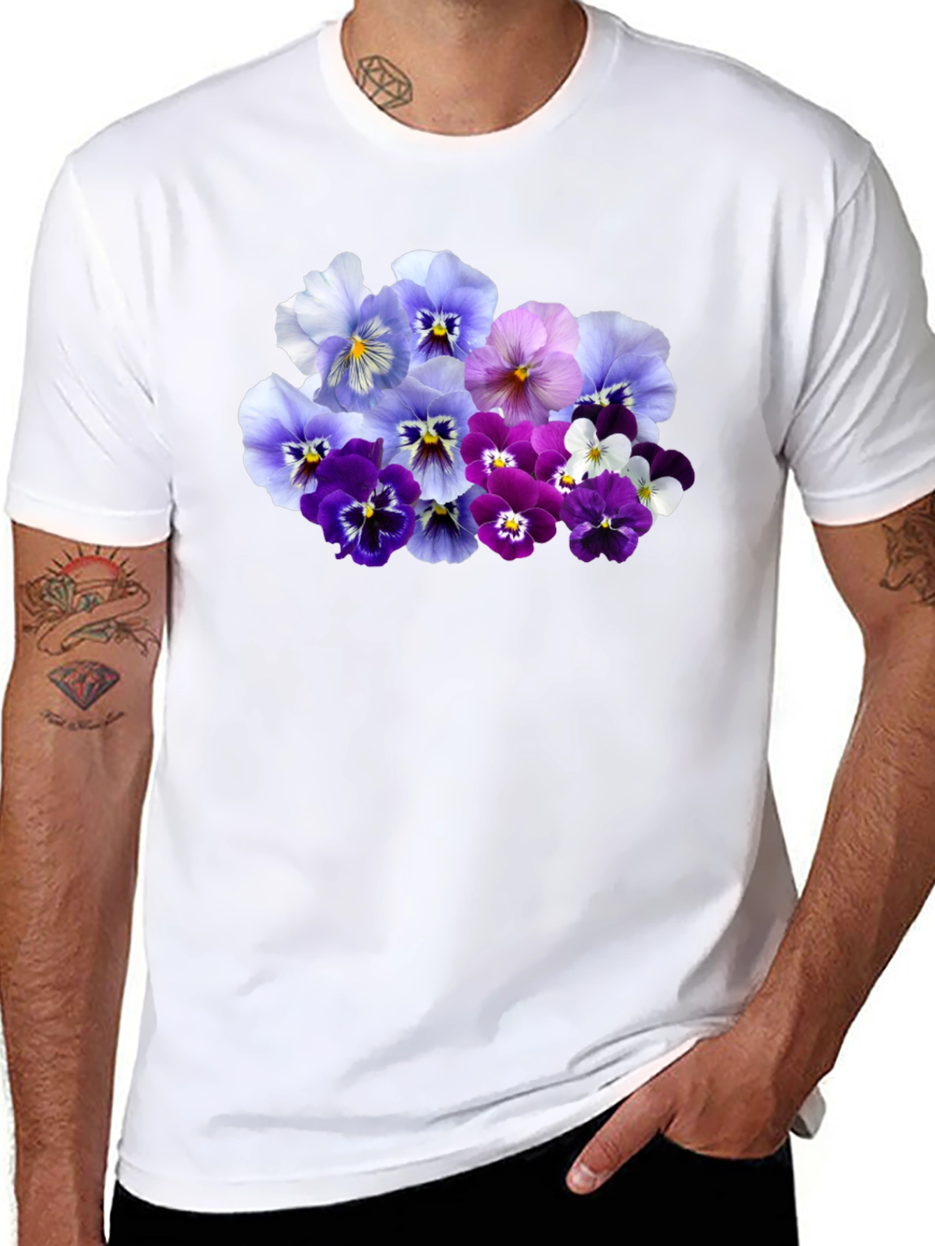 Black Floral Pansy Print Black T-Shirt view 8