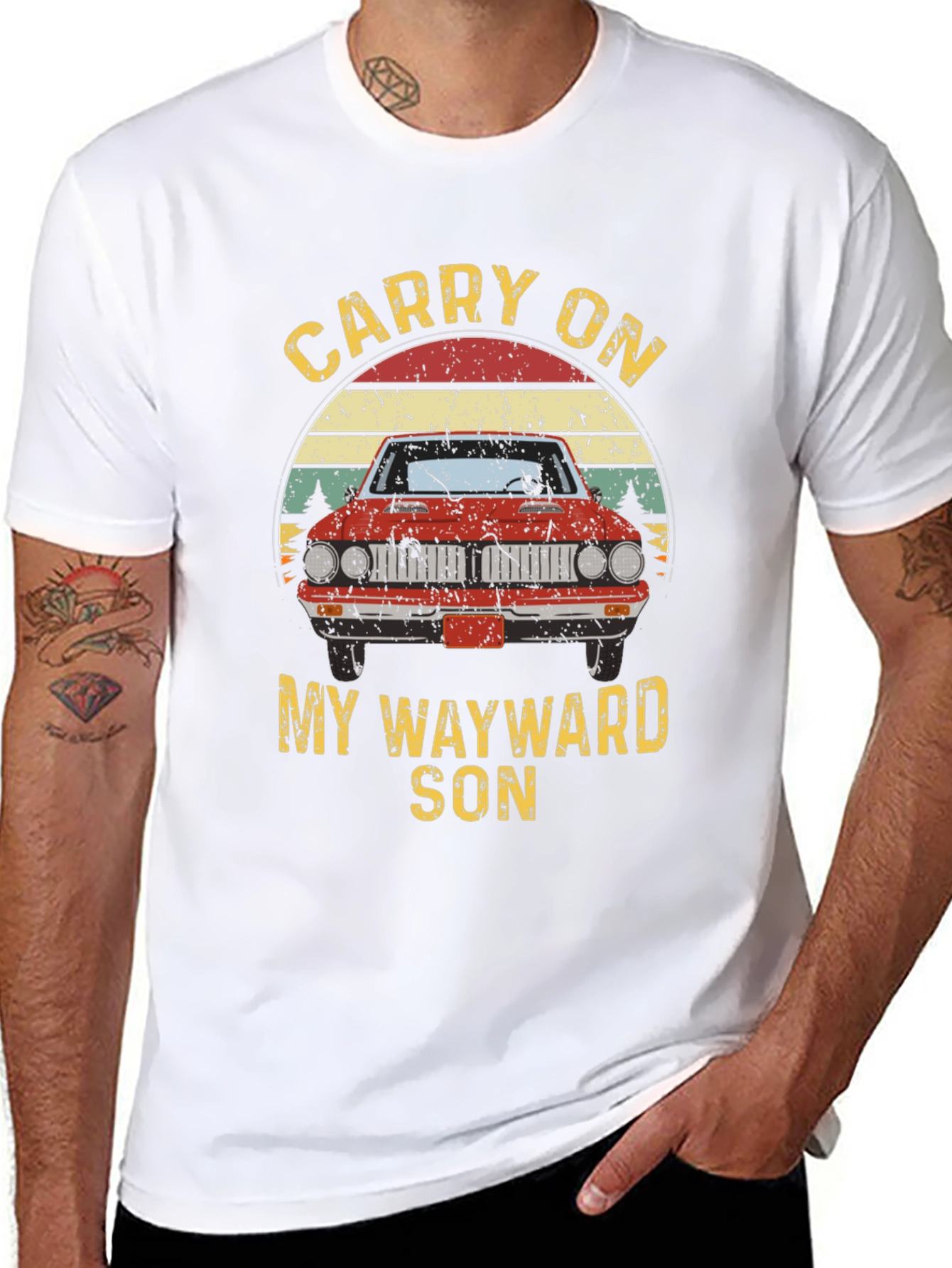 Black Carry On Wayward Son Graphic T-Shirt - Classic Car Design view 8