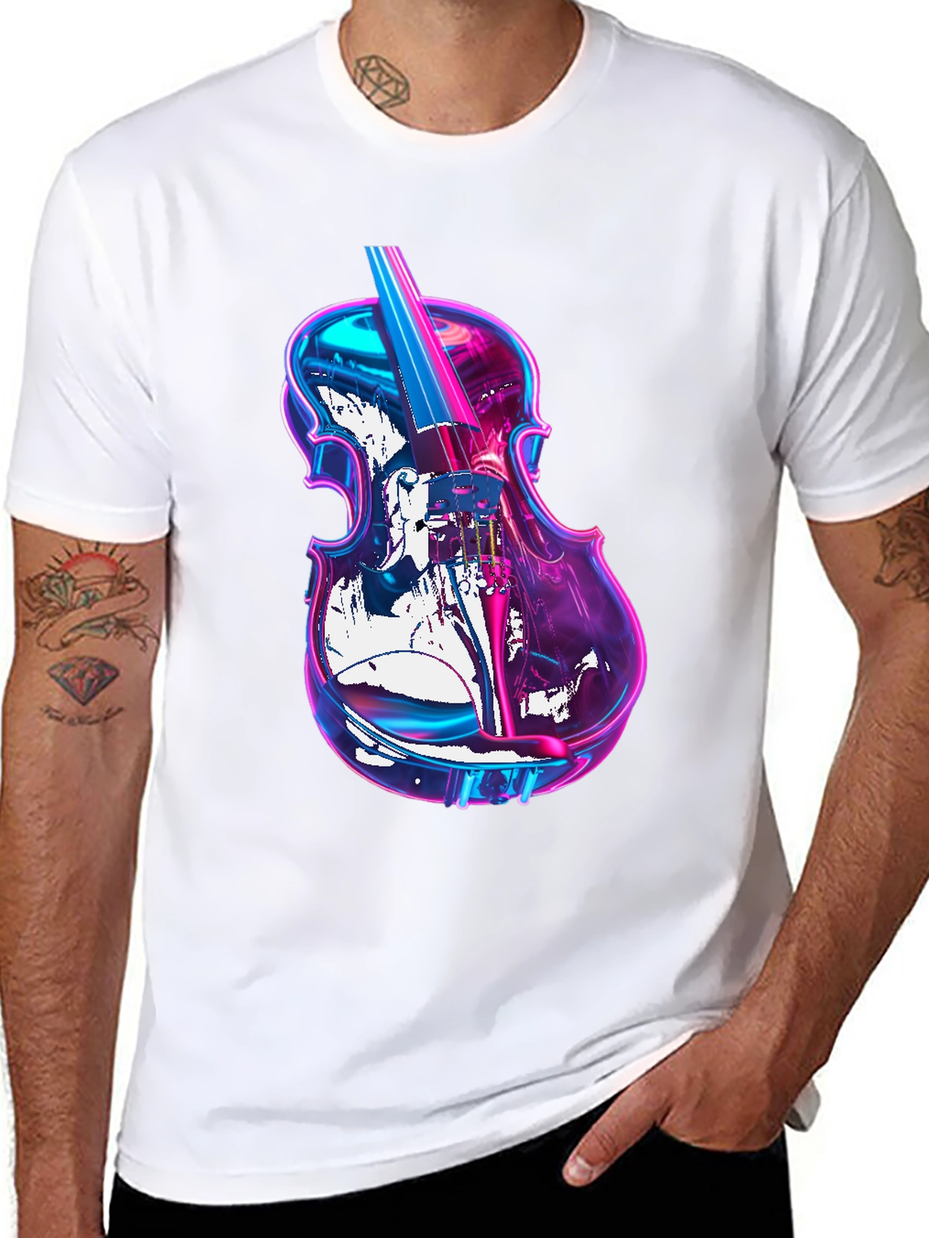 Black Vibrant Neon Violin Graphic Black T-Shirt view 8