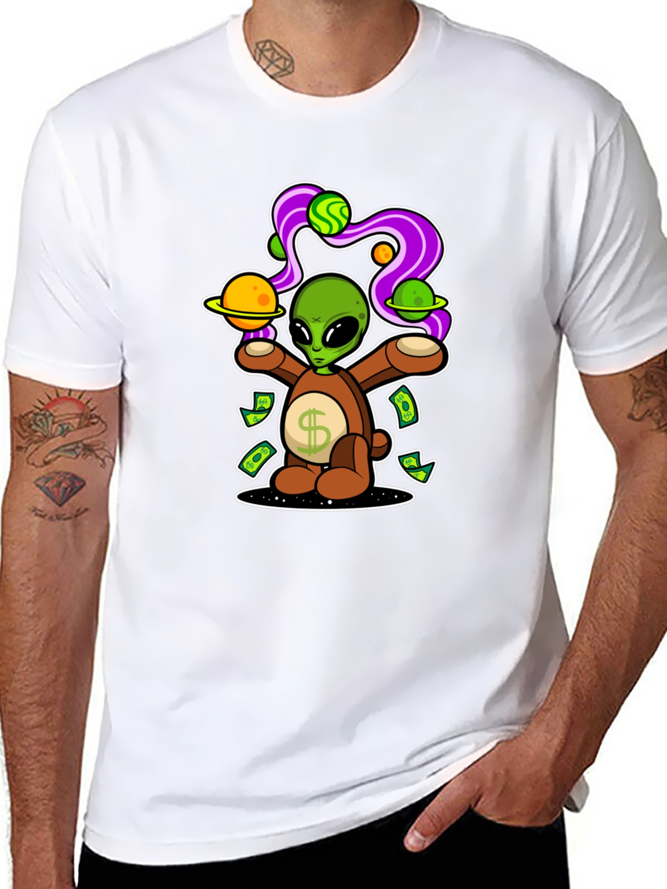 Black Alien Bear Money Graphic T-Shirt view 8