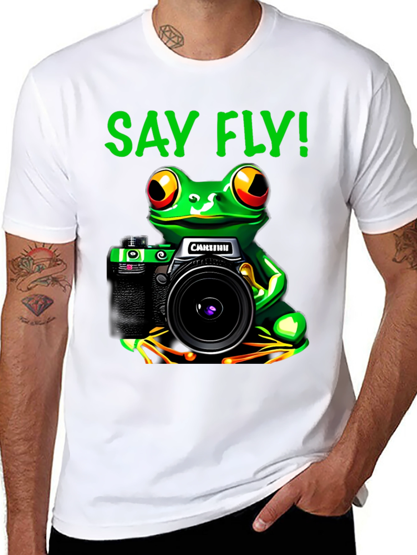 Black Frog Photographer T-Shirt - Say Fly! Black Cotton Tee view 8