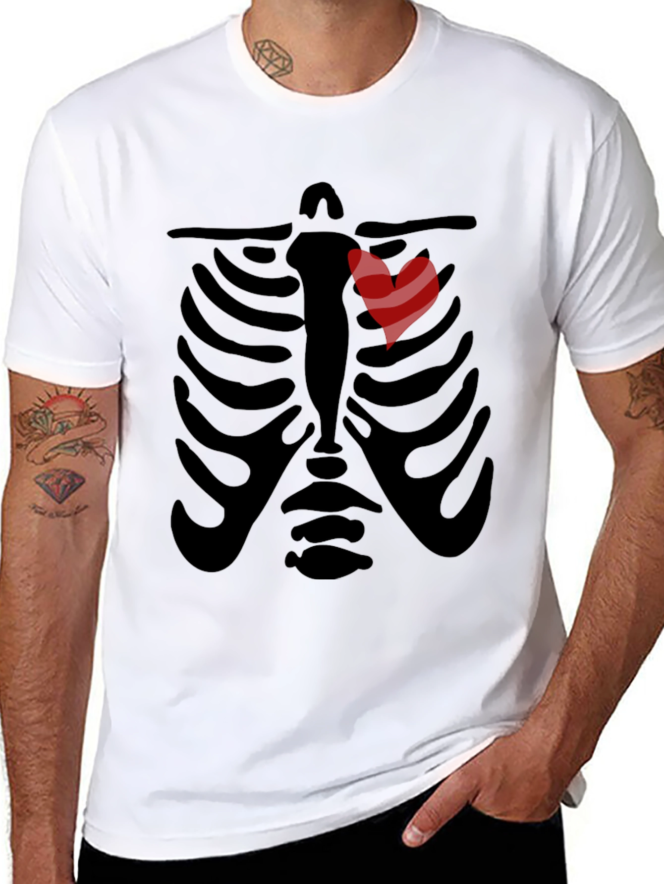 Black Rib Cage Heart Graphic Tee - Unique Skeleton Halloween Shirt view 8